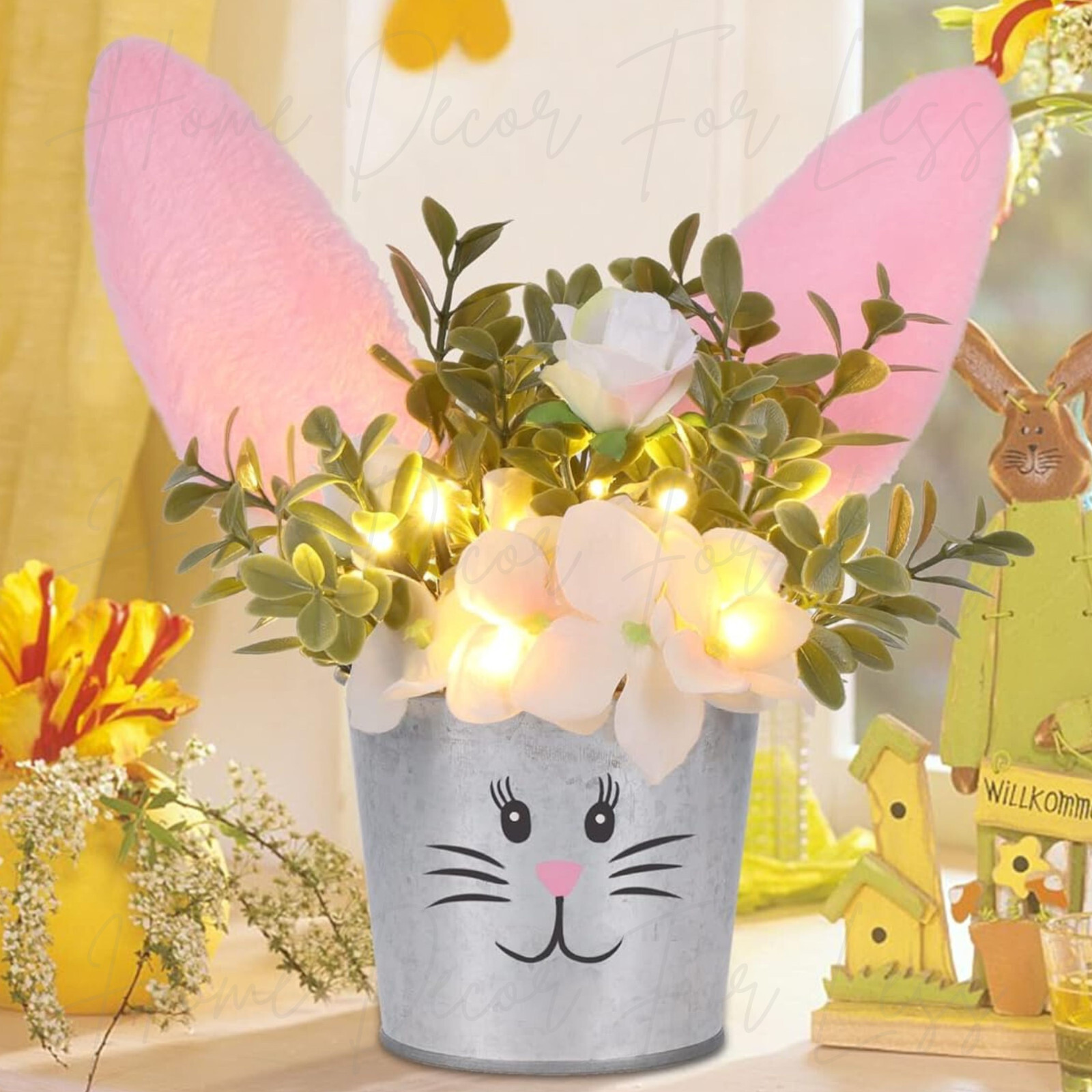 Lighted LED Easter Bunny Rabbit Ears Floral Centerpiece Table Spring Home Decor
