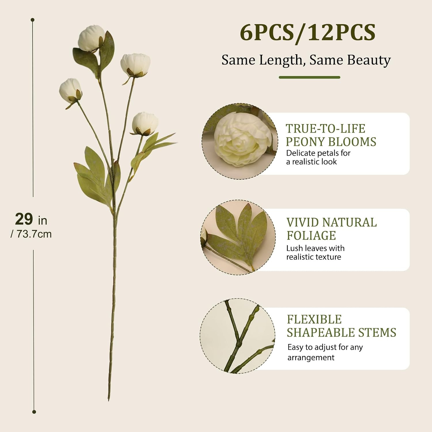 Cream Faux Peonies – 6 Pcs Real Touch Silk Flowers for Home Decor & Weddings