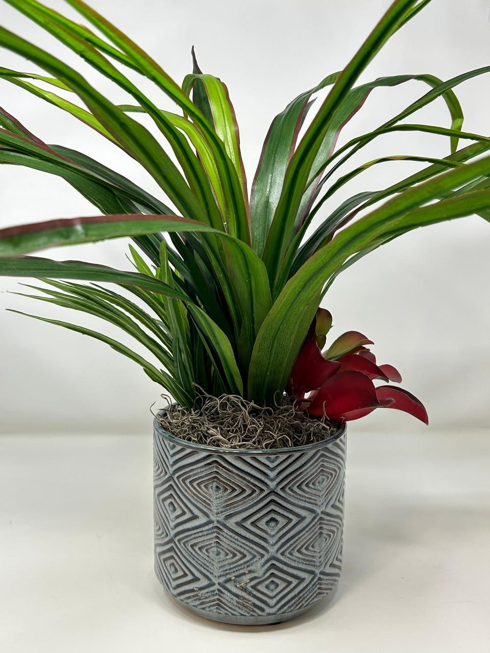 20″ Lg Faux Green-Red YUCCA Silk plant, Red Kalanchoe, Dracaena in Ceramic blue-