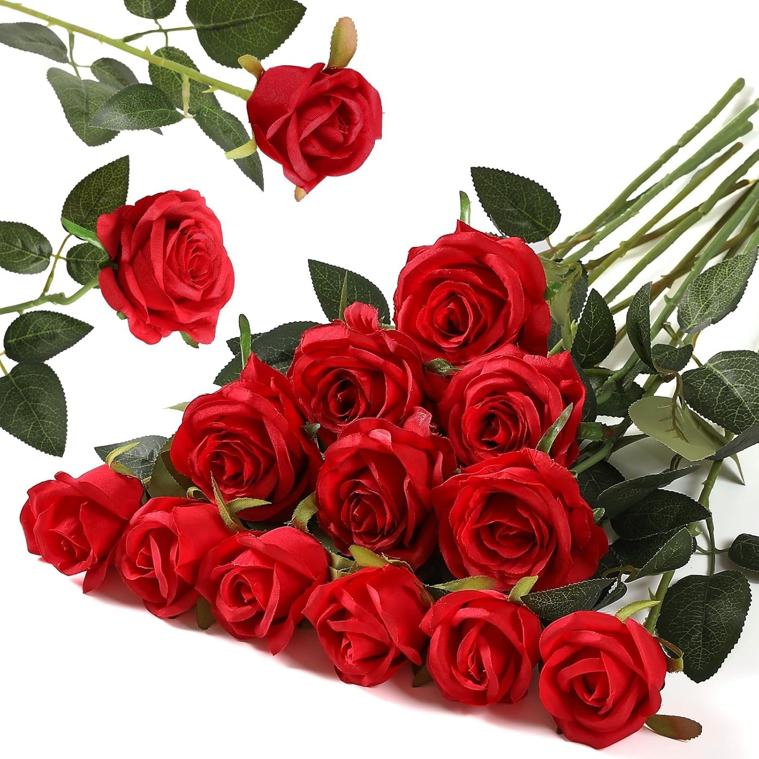 12PCS Realistic Silk Red Roses Bouquet for Home & Events
