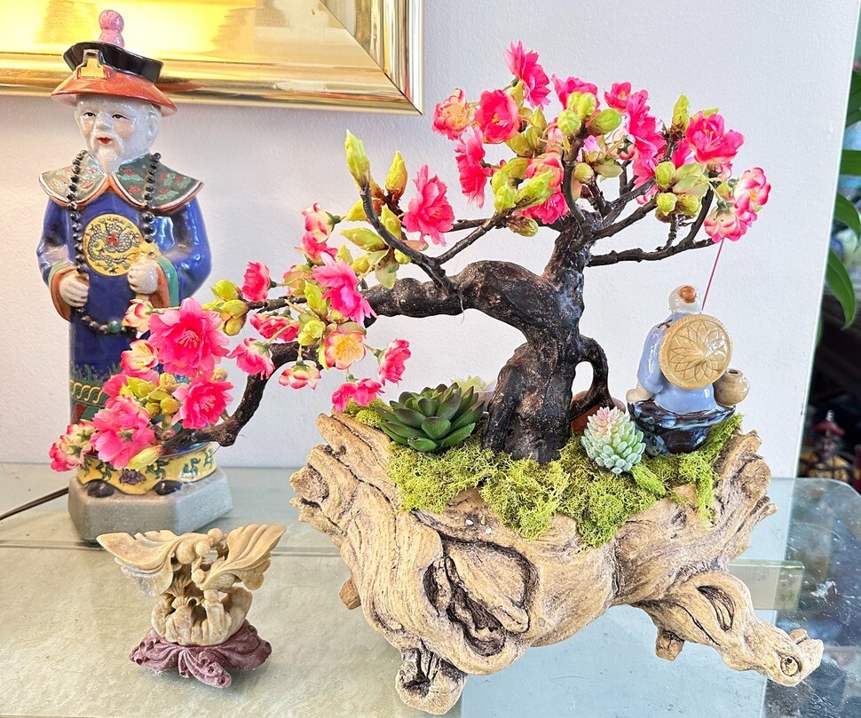 Bonsai Planter Artificial Bonsai Cherry Blossom Tree With Chinese Mud Man Realis