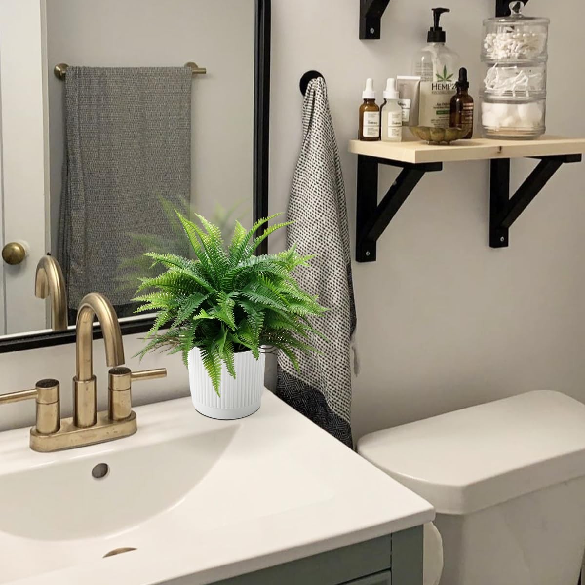 Small Fake Plant 12.2″ Fern Potted Artificial Plants for Shelf Desk Home Bath…