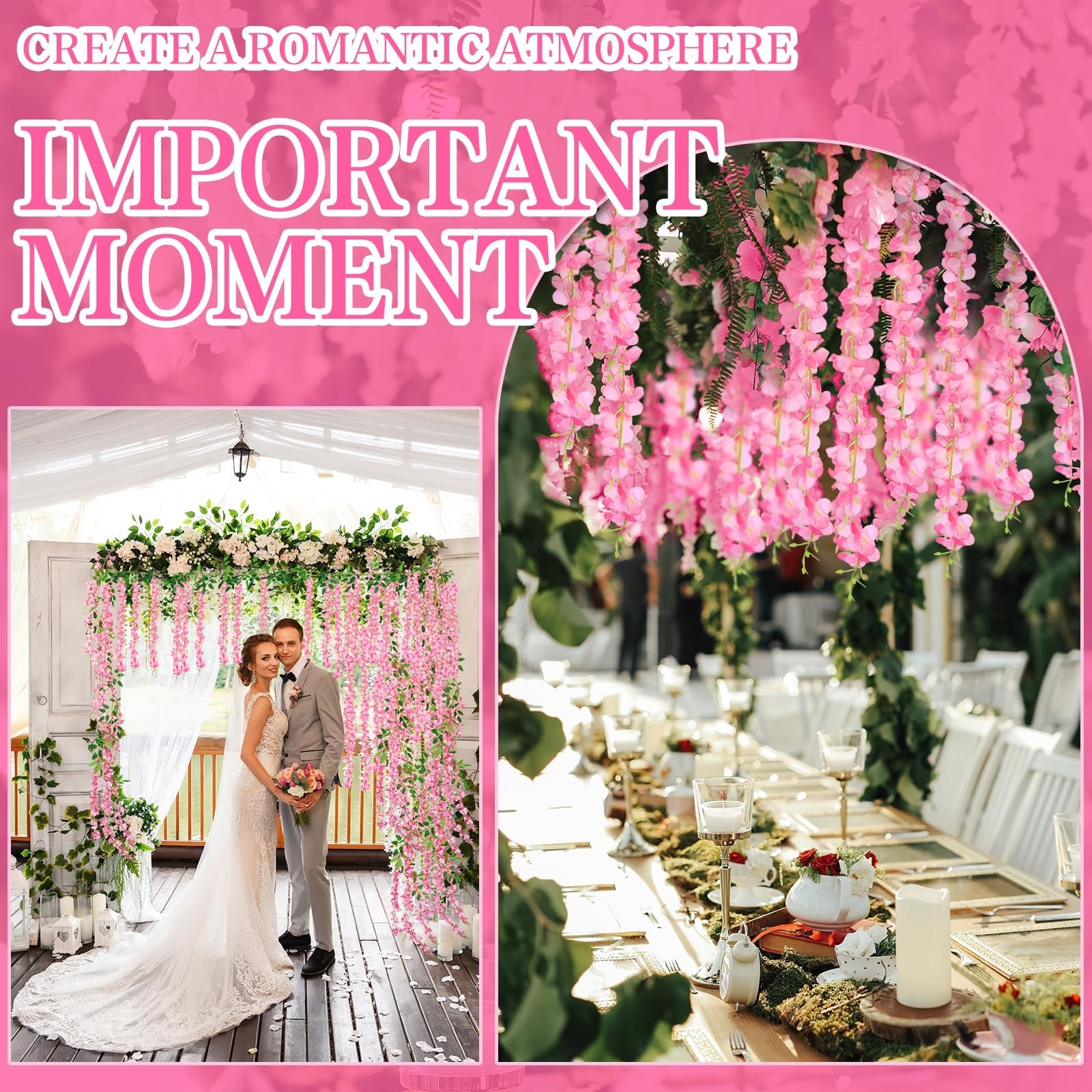 100 Pack Pink Wisteria Hanging Flowers Garland – Faux Floral Decor 3.6 Ft Each