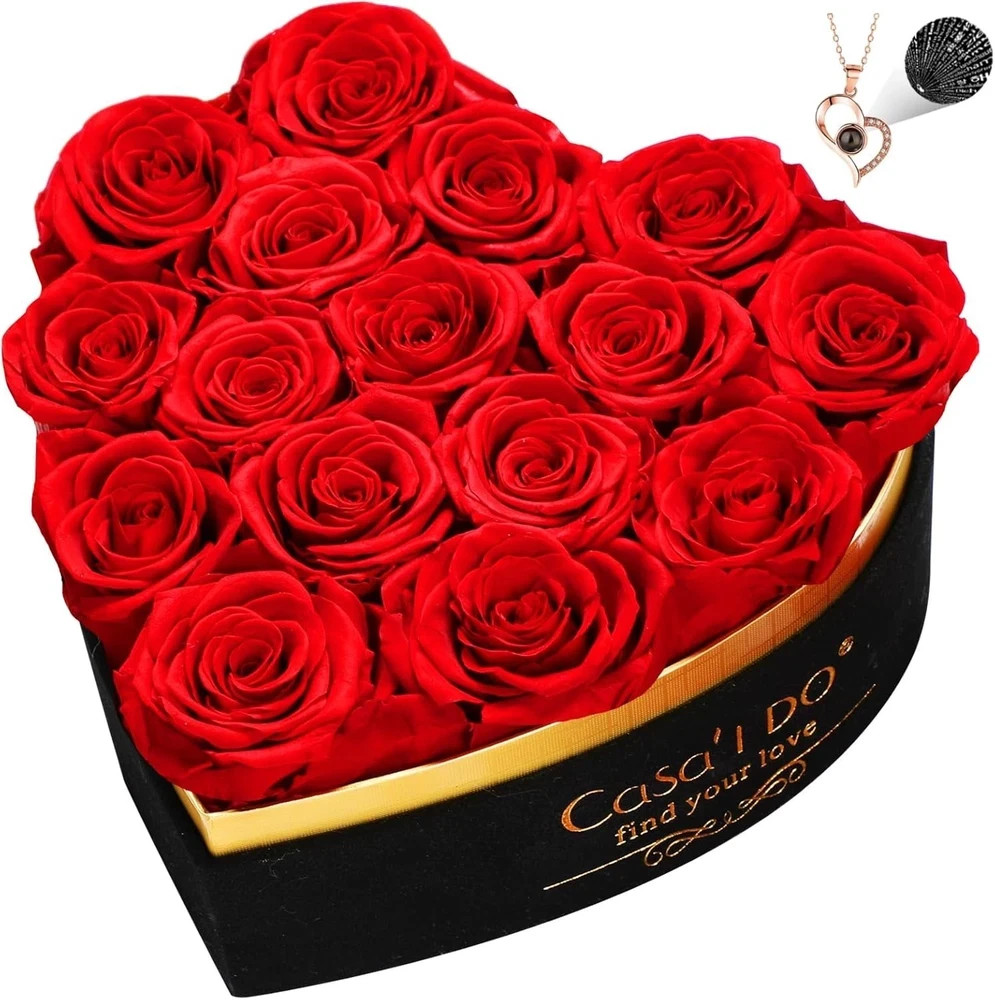 Preserved Roses Flowers for Delivery 16 Pcs, Forever Flores in Heart Box with Ne
