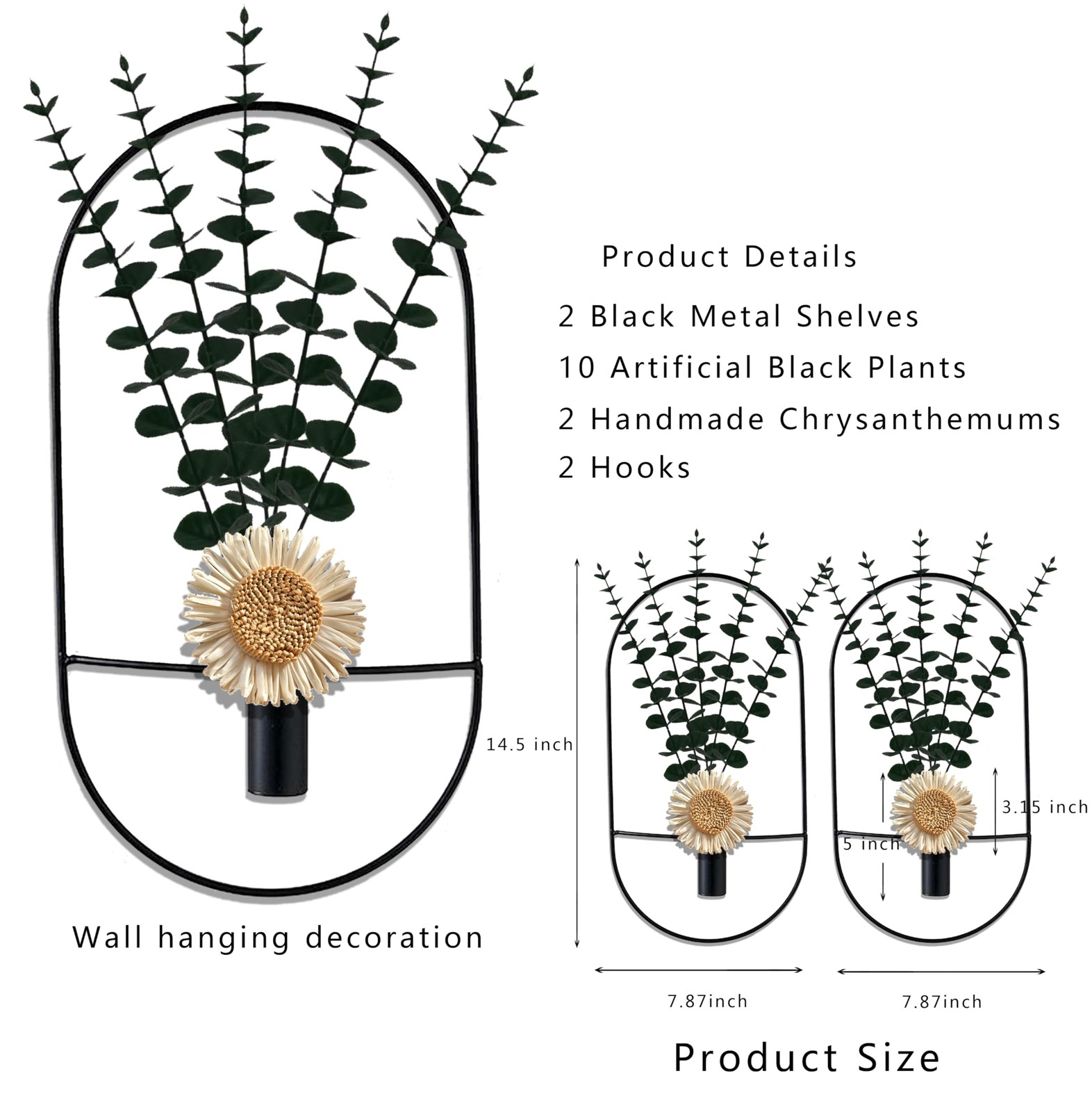 2 Pack Black Metal Wall Hanging Vase with Artificial Plants, Metal Plants Dec…