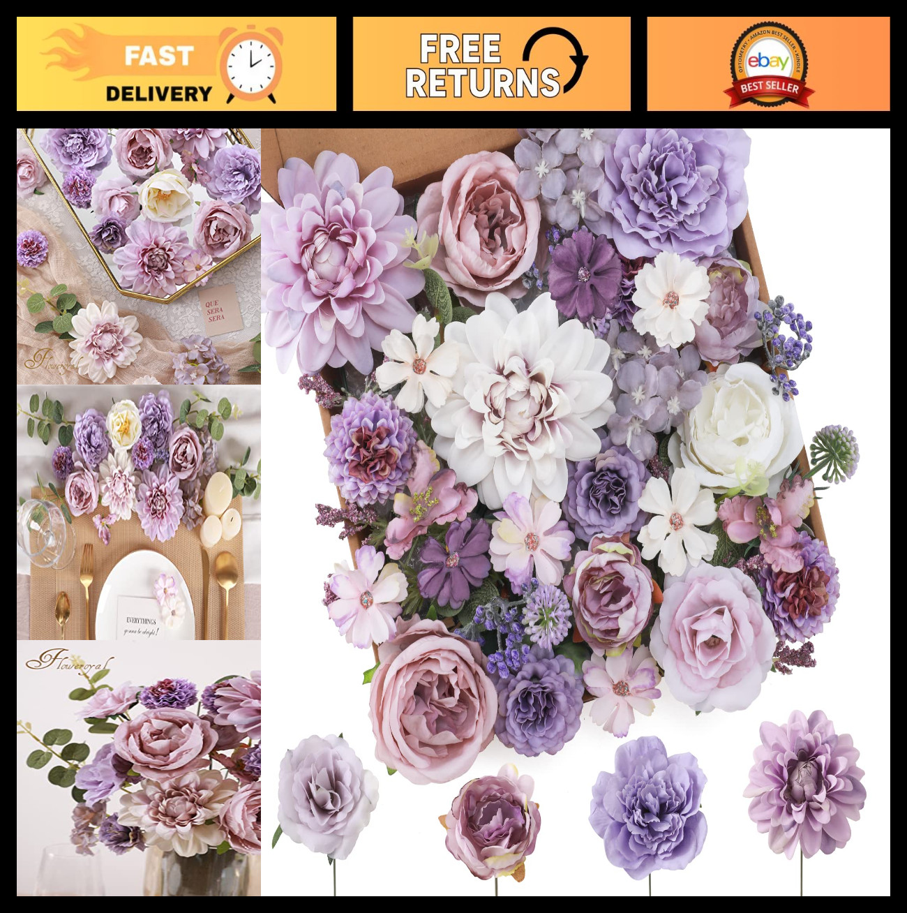 Purple Silk Flower Combo – Dahlia & Roses Mix for DIY Wedding Bouquets, Baby Sho