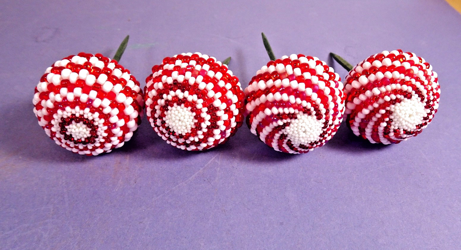 4 Beaded Ball FLORAL PICKS Red & White Stripe/Spiral Design Handmade