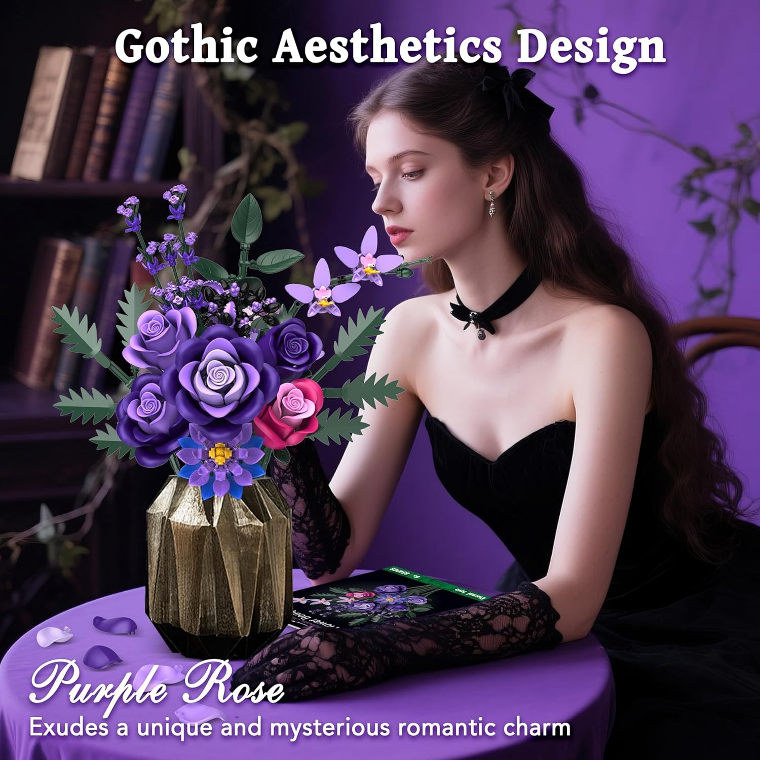 Purple Roses Flower Bouquet Building Sets, 834PCS Artificial Flowers Botanical C