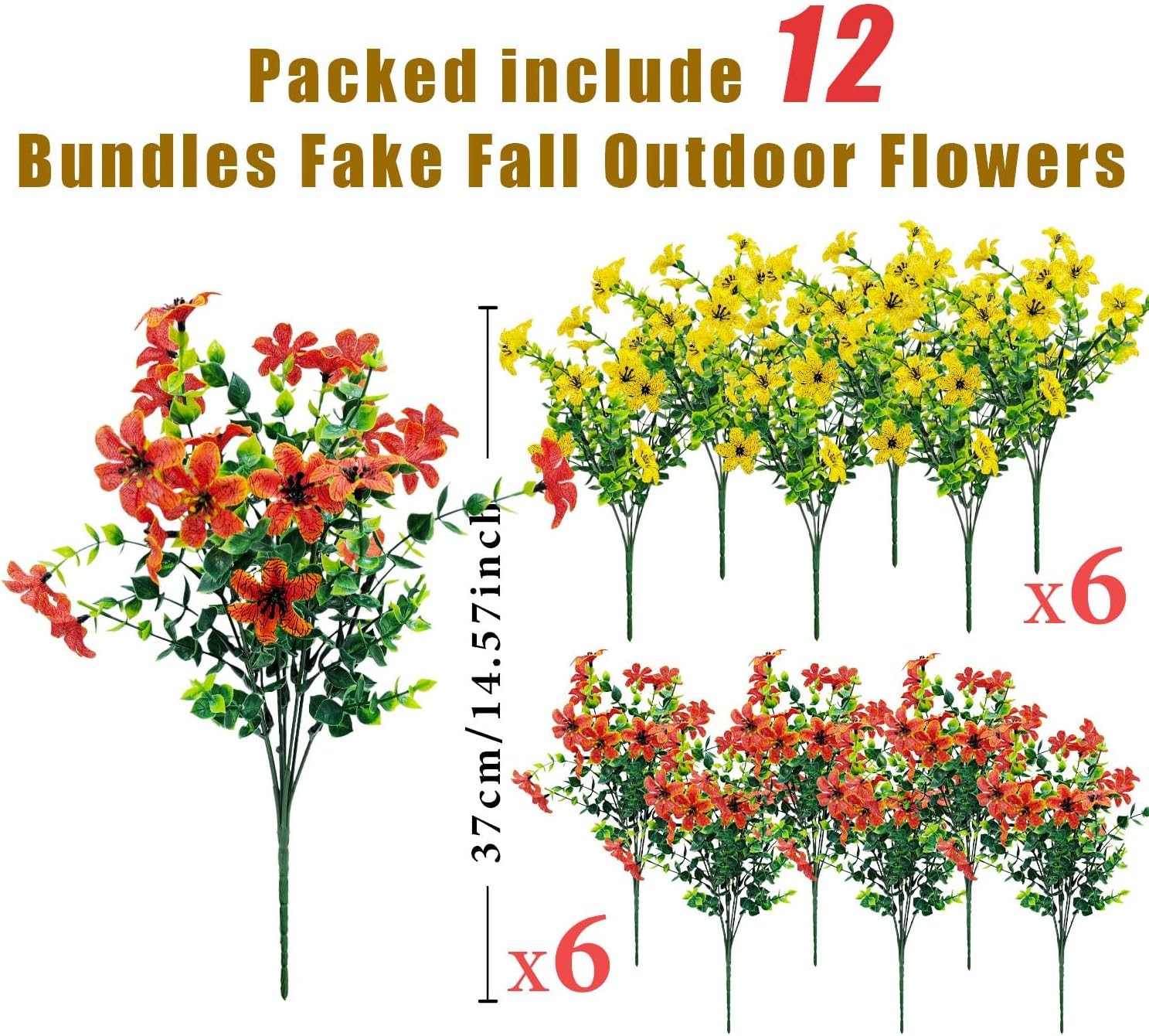 12 Bundles Faux Fall Flowers Artificial Mums for Outdoors (Orange+Yellow)