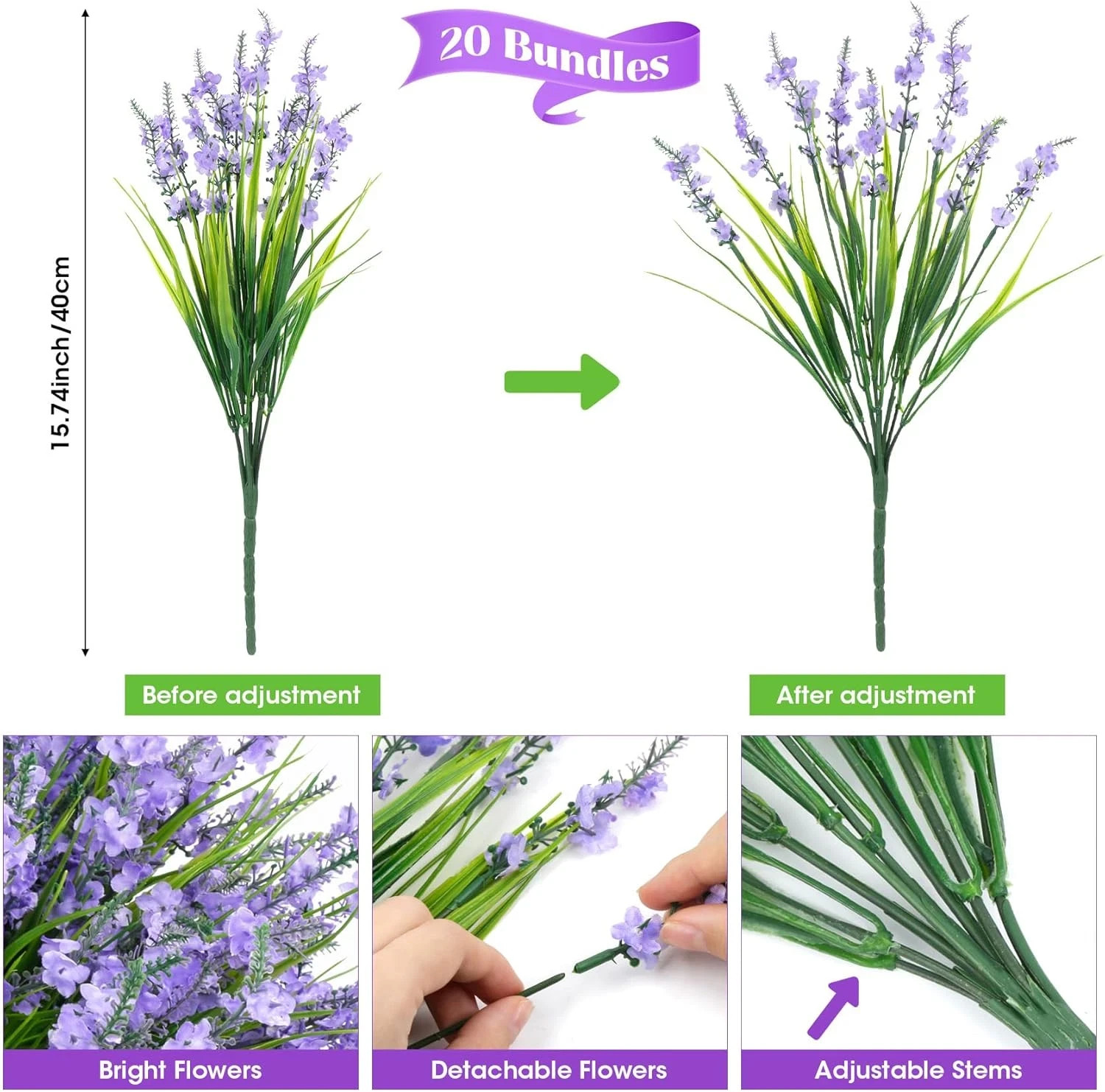20 Bundles Artificial Lavender Flowers for Outdoors Fake Silk Flowers Faux Plant