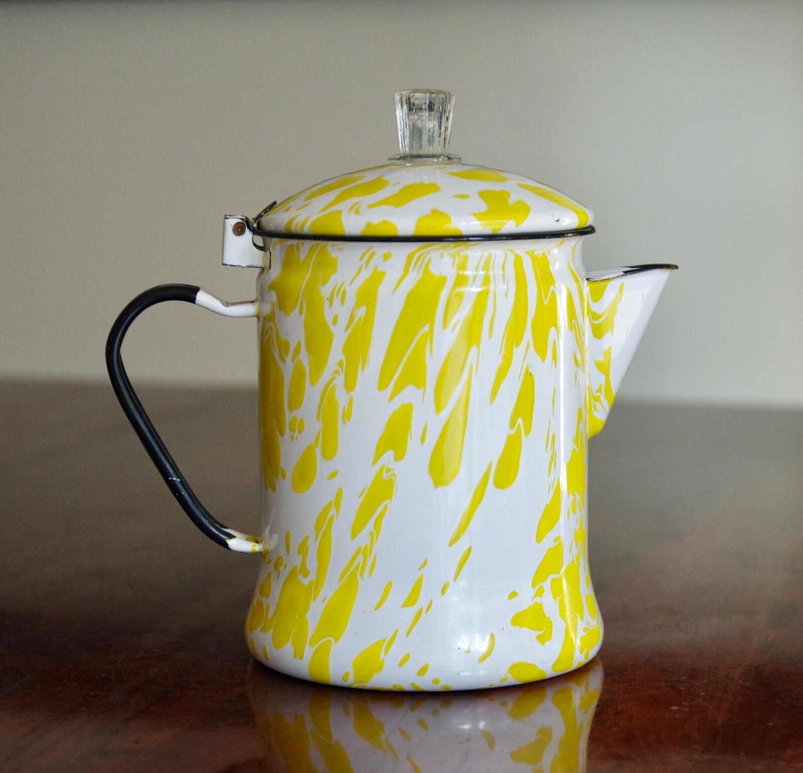 Vintage Enamel Yellow & White Coffee Pot Silk Yellow Daisies & Blue Delphinium