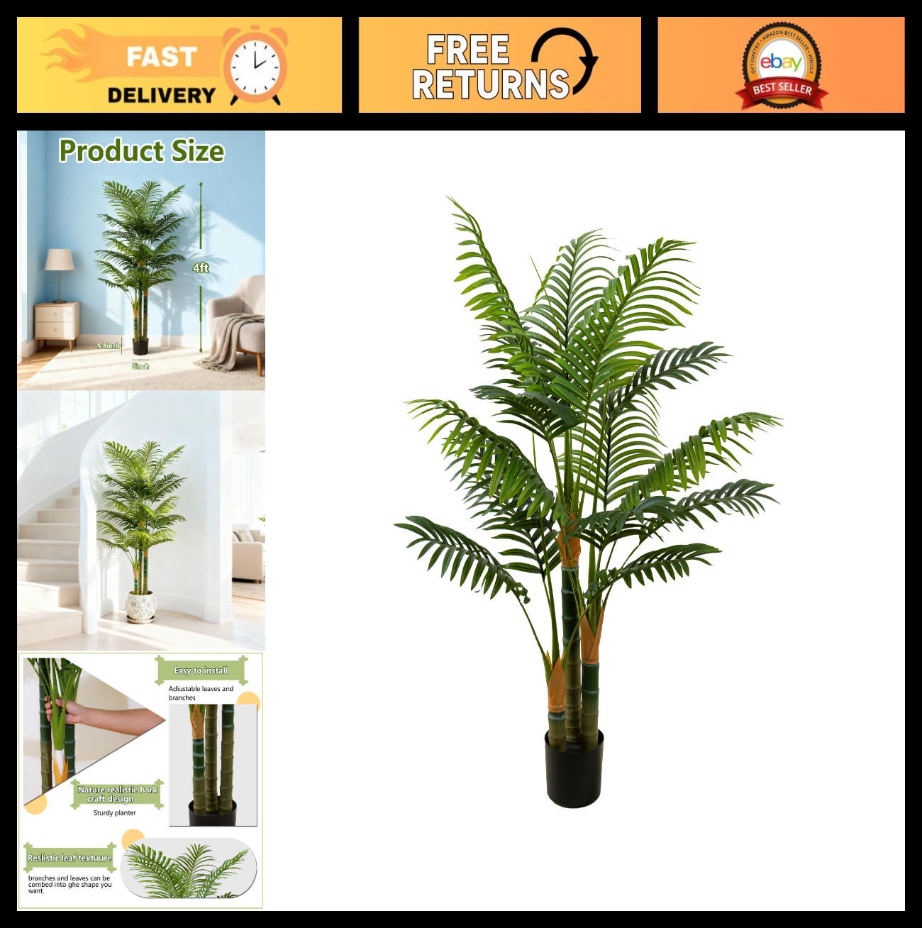 4FT Tall Faux Palm Tree – Large Artificial Plant with 3 Textured Trunks, Indoor