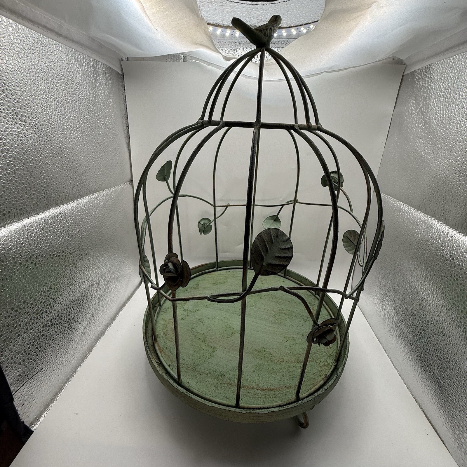 Deco bird cage Green Patina Metal Cottage core Plant Flower 2 Pieces Roses Vtg
