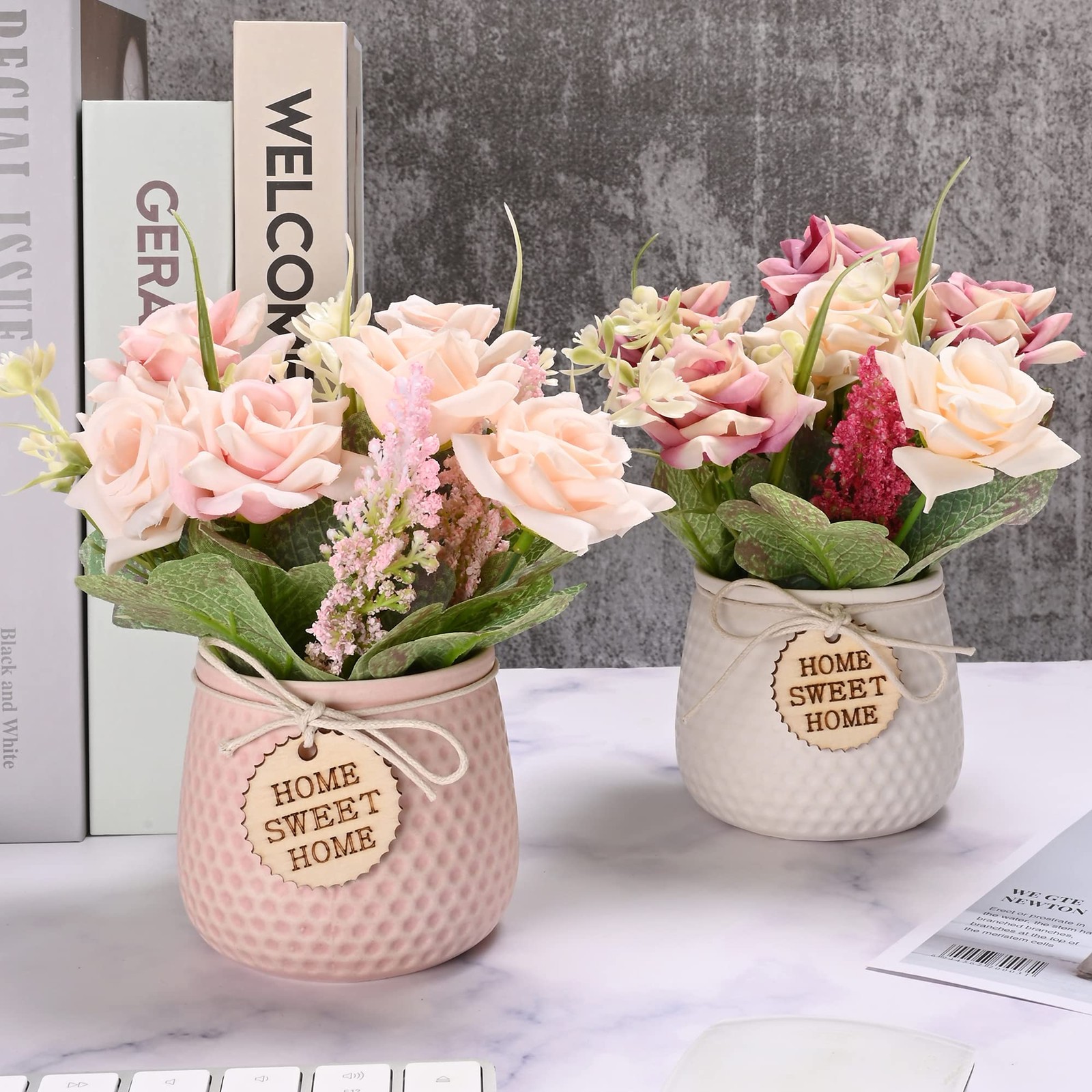 Artificial Flowers with Vase, 2pcs Pink Silk Roses in Pot, Fake Roses Bouquet De