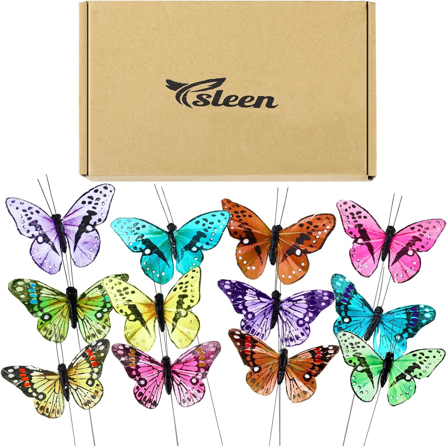 12 Set Monarch Butterfly Decoration Artificial Butterflies Feather Picks with Wi