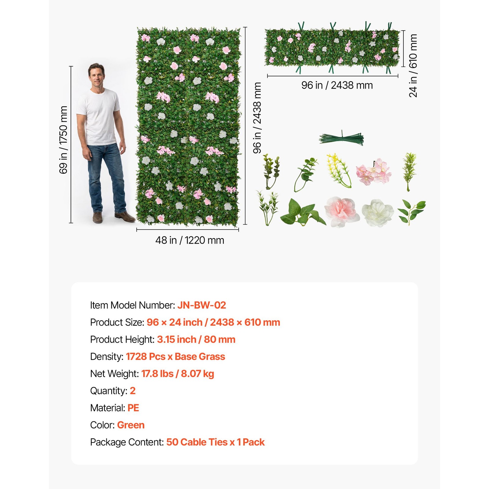 3D Artificial Flower Wall: 2x8ft Panels, Fade-Resistant PE, Indoor/Outdoor Use