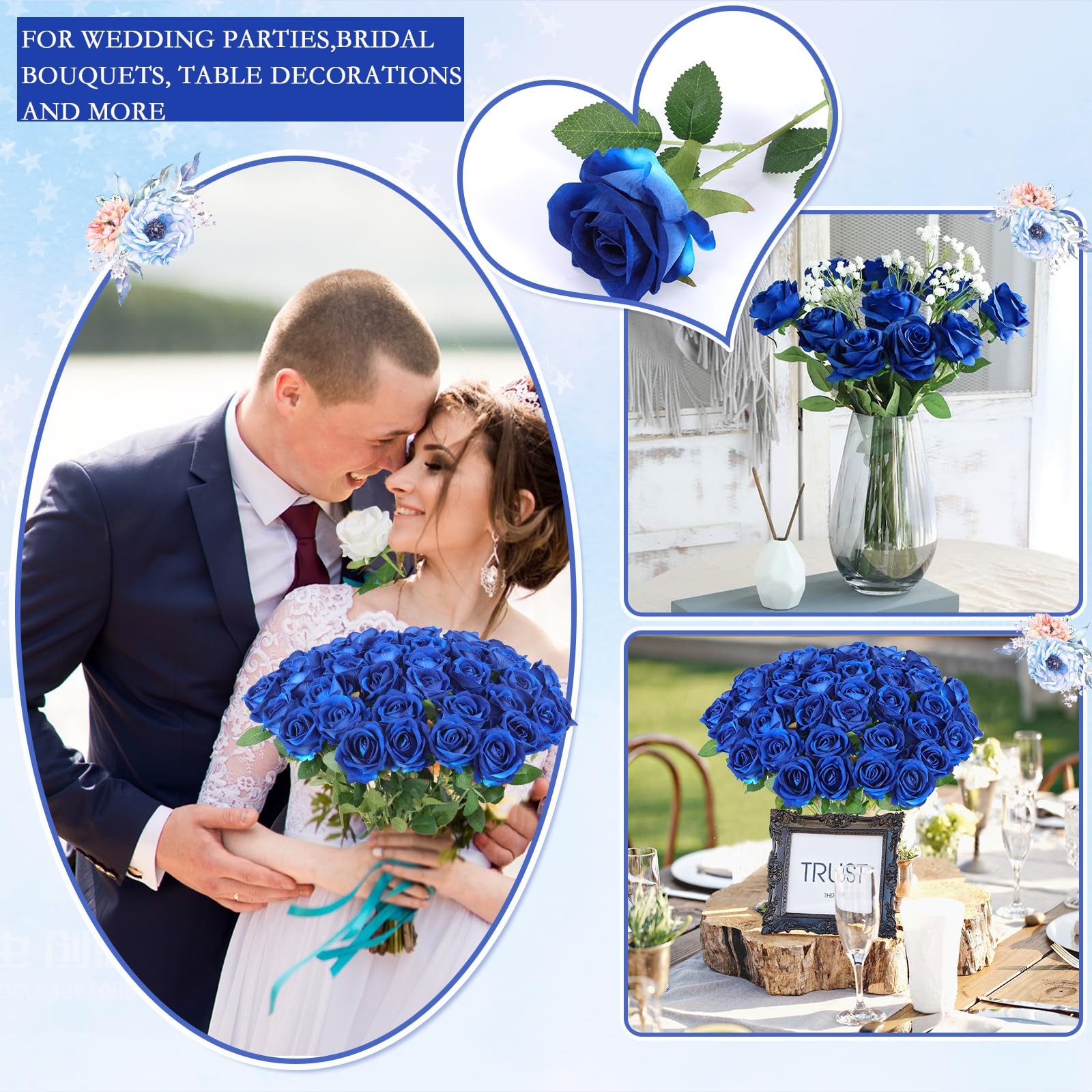50 Artificial Roses in Bulk, Fake Silk Roses Realistic Blue Roses for Wedding…