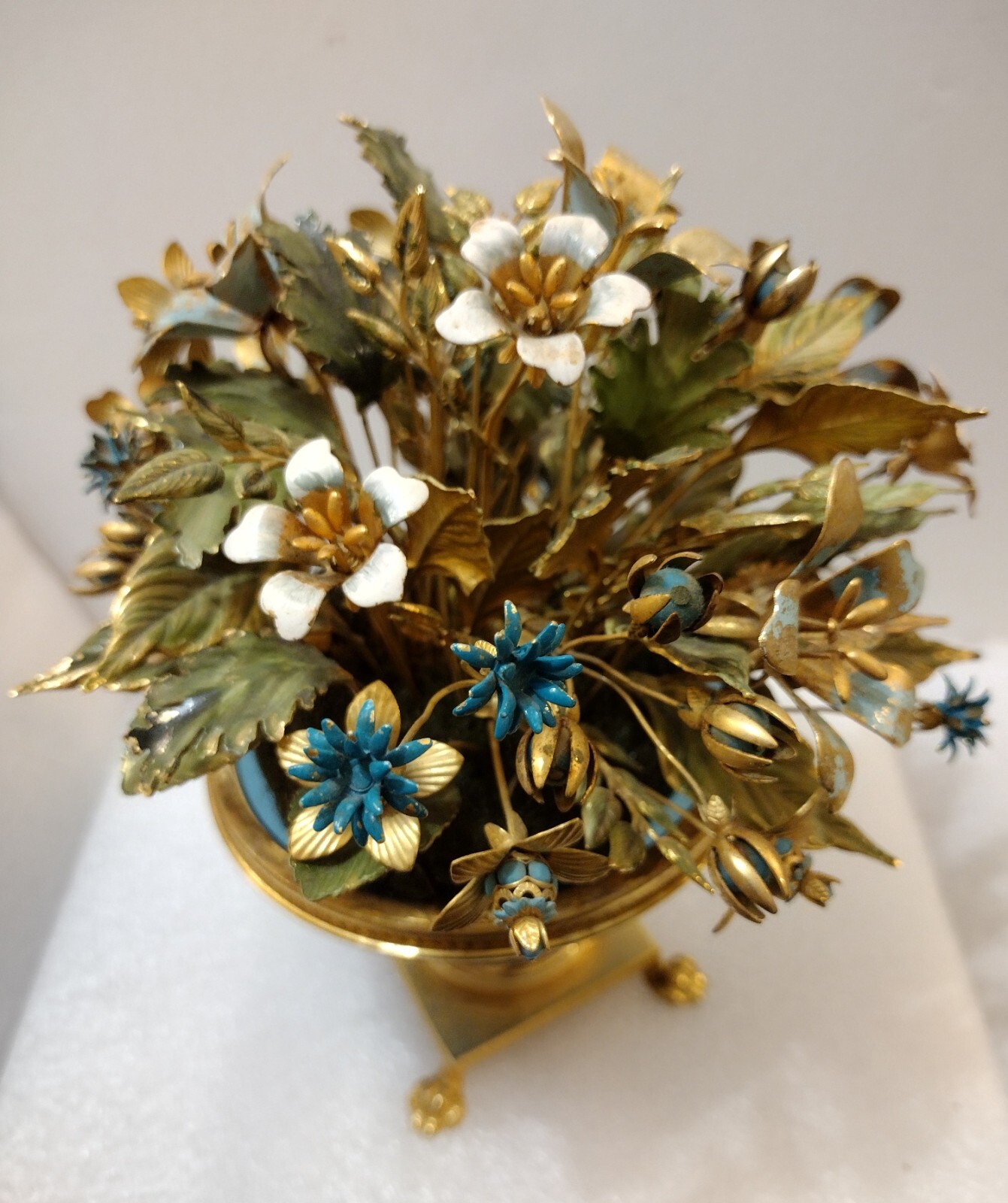Enameled Flower Bouquet Tipped In Real Gold Labeled Italy Enameled Metal Aqua