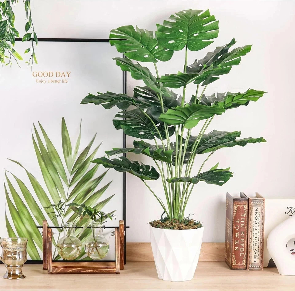 28″ Fake Plants Large Artificial Monstera Faux Plants Indoor with White Pot for