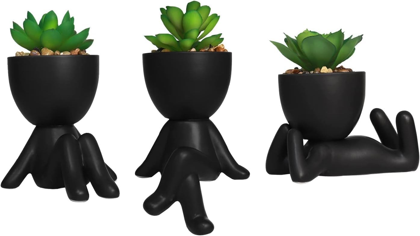 3 PCS Cute Artificial Succulent Plants with Creative Ceramics Human Shaped Po…