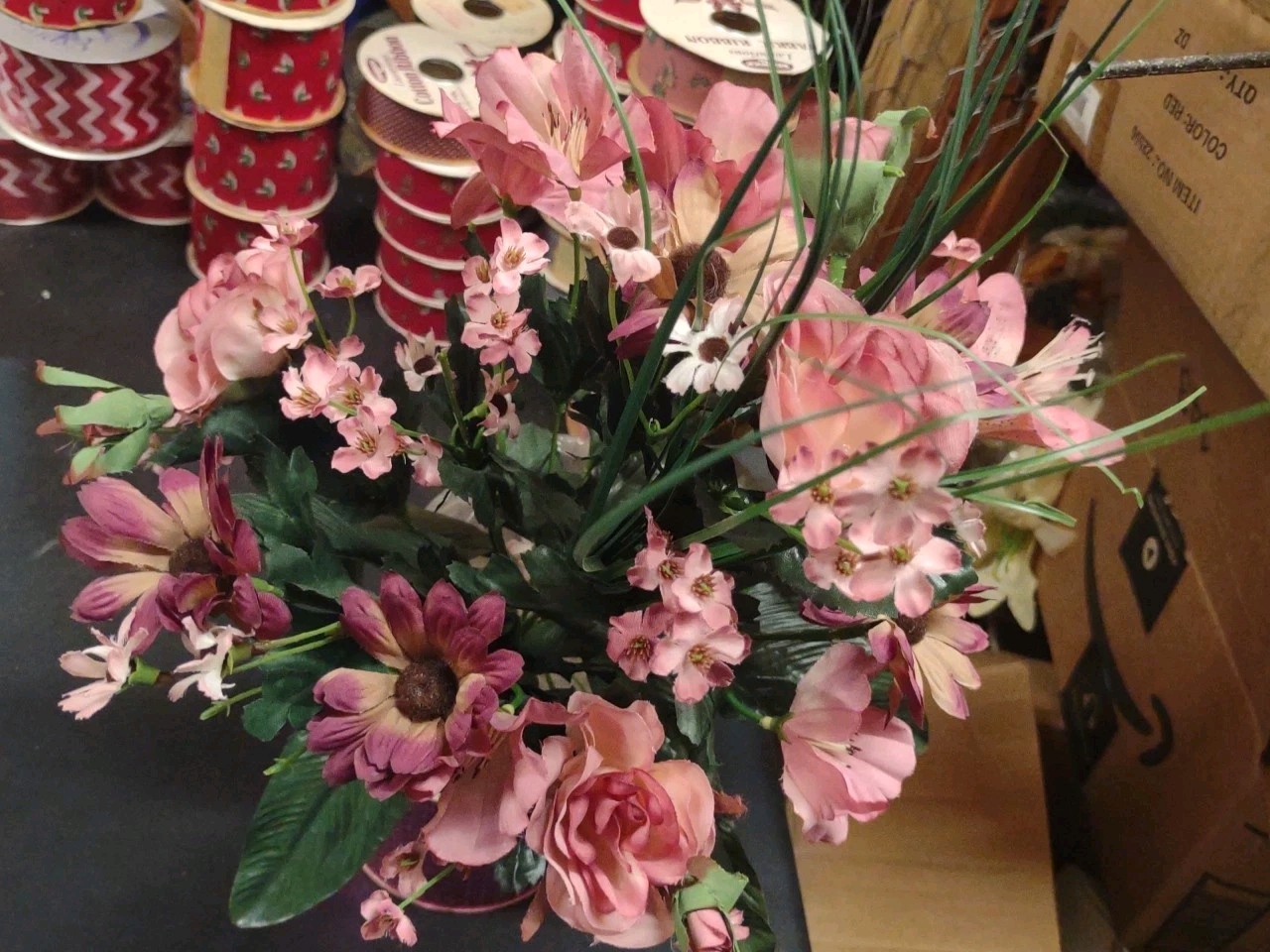 16″ Silk Floral Arrangement Bush, 14 Stems, Rose/Daisy/Tiger Lily, Mauve Flowers