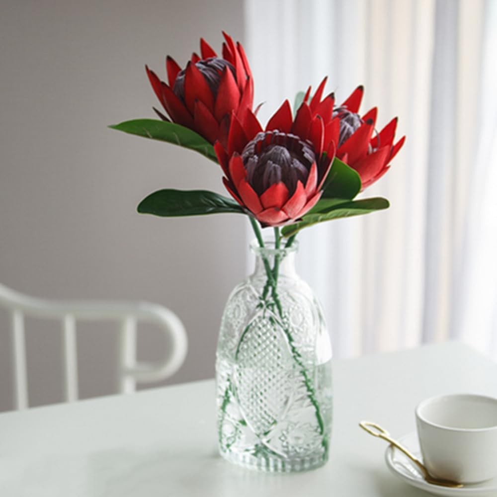 3 PCS Red Fake Artificial Silk Plastic King Protea Flowers Bouquet Centerpieces