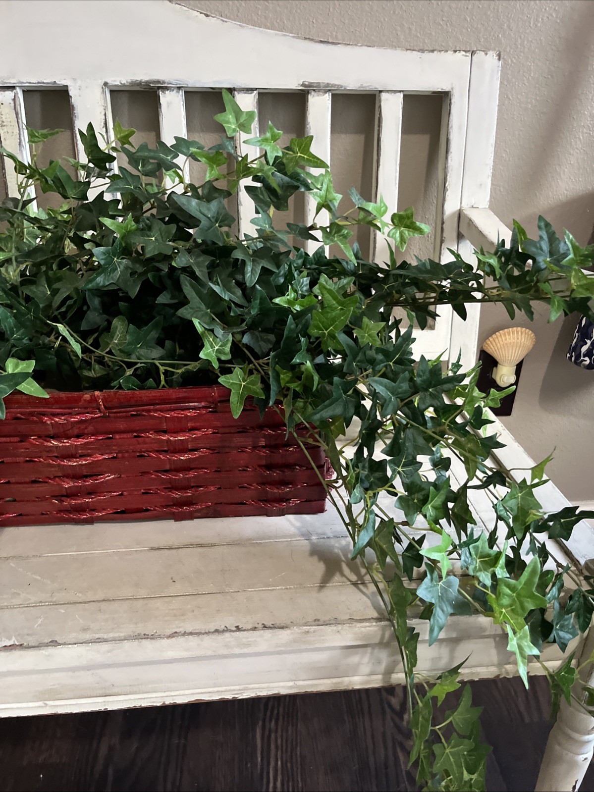 Faux Ivy In Red Wicker Basket 19”W x6 1/2”Dx6 3/8”H W/ Plant 19”H x58”W Used