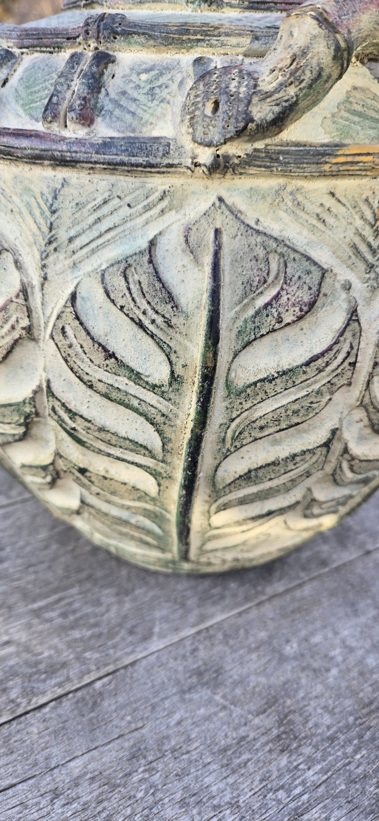 Rustic Urn Vase Earthenware Pottery Botanical Leaf Handles 12″T Brownish Green