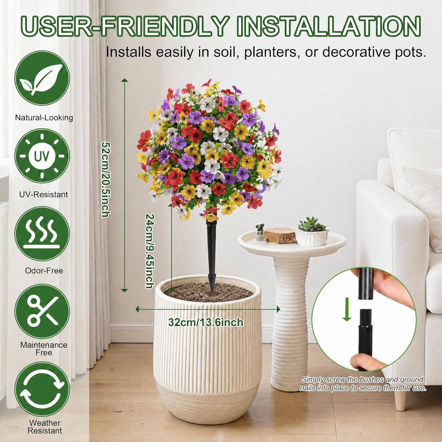 2Pcs 20″ Artificial Topiary Ball Flowers, Spring Outdoor Decoration