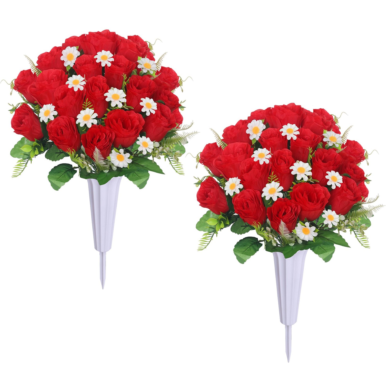 Artificial Cemetery Flowers Red Roses 2 Bouquets 2 Vases Memorial Set