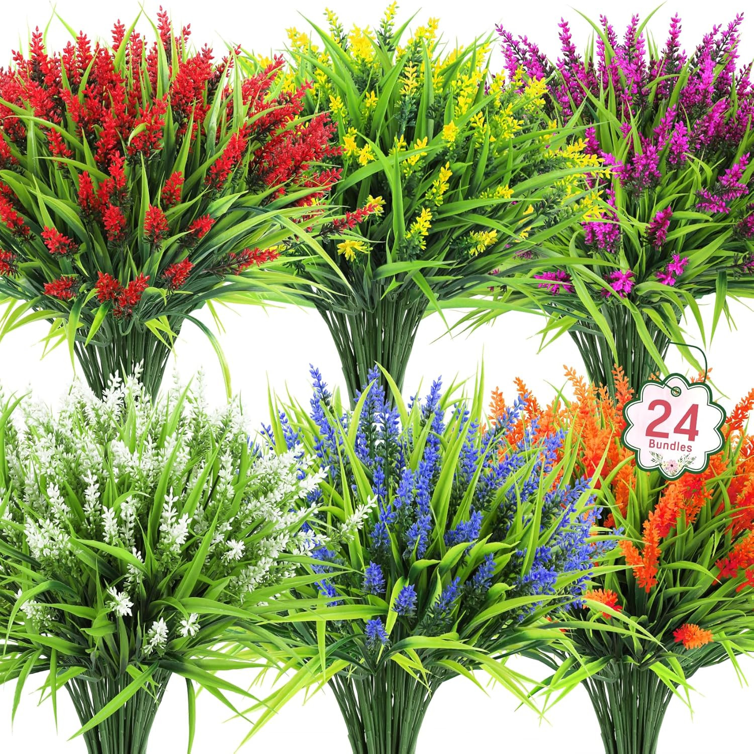 24 Bundles Artificial Flowers for Outdoors, Fake Lavender Flowers Monkey Grass F