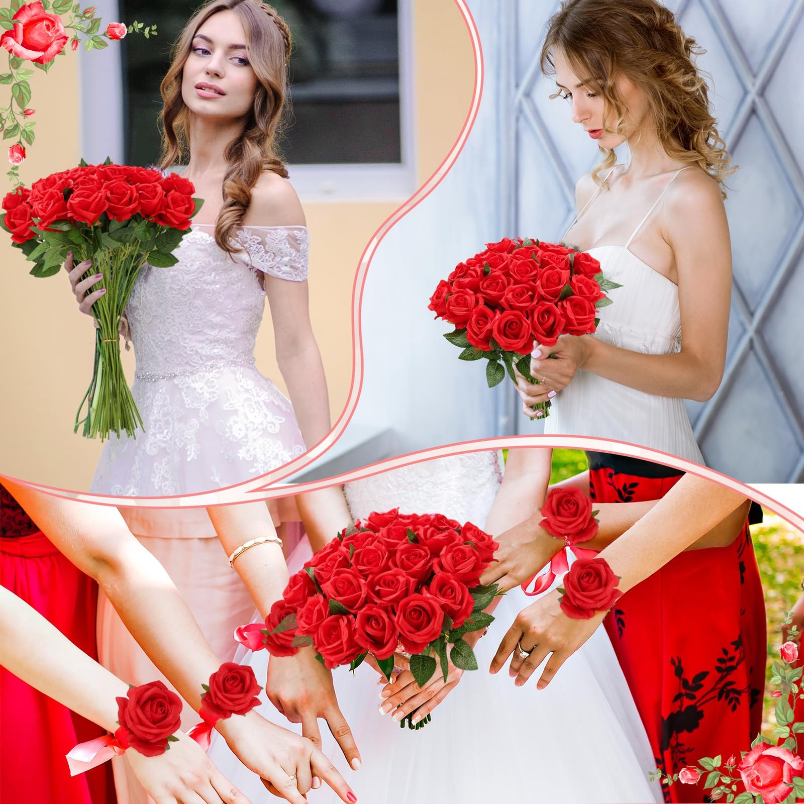 24 Pcs Red Rose Artificial Flowers with Long Stem Real Touch Silk Plastic Bou…