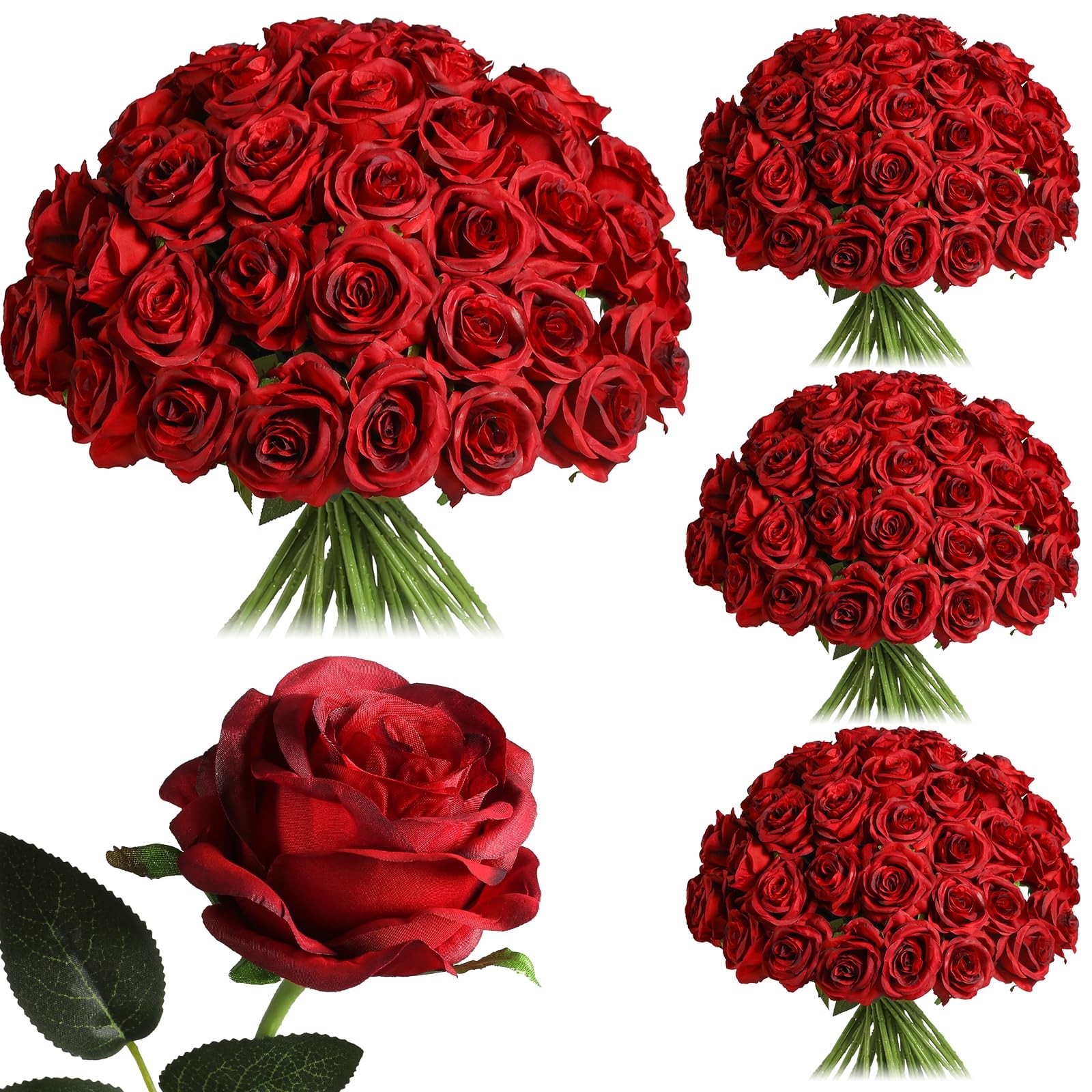 50pcs Artificial Burgundy Roses Bulk, Fake Red Roses Flower with Stems Realis…