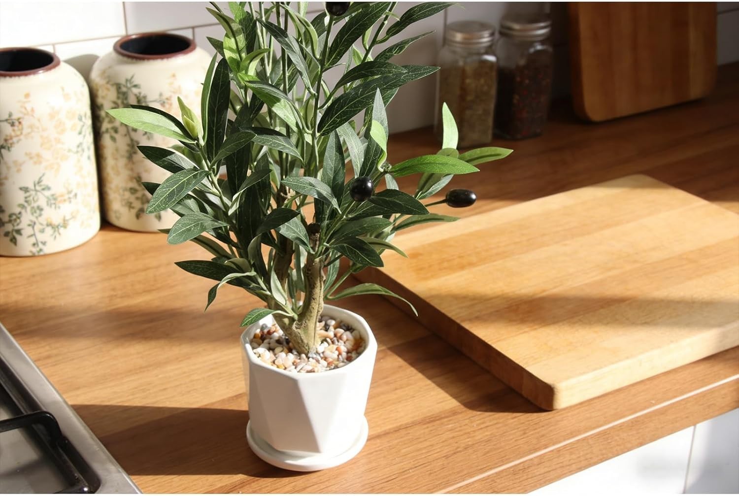 Fake Olive Tree with Pot Indoor, 22″ Artificial Olive Tree Stems Potted Green…
