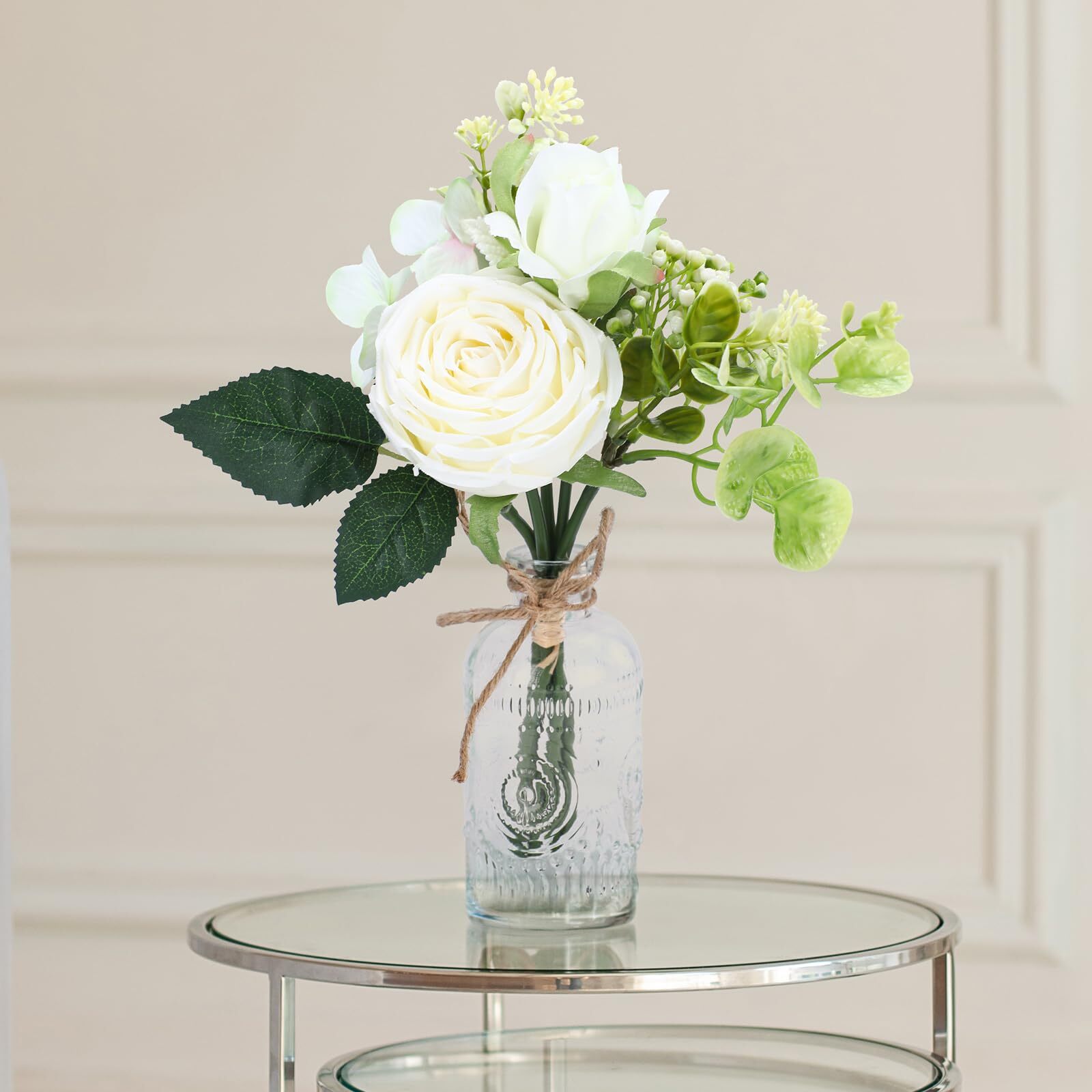 White Silk Flower Arrangements Rose Bouquet in Small Vase Table Centerpiece