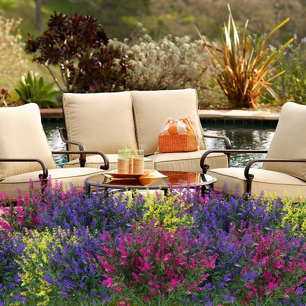 8 Bundles Outdoor Artificial Lavender Fake Flowers UV Resistant Shrubs, Faux Pla