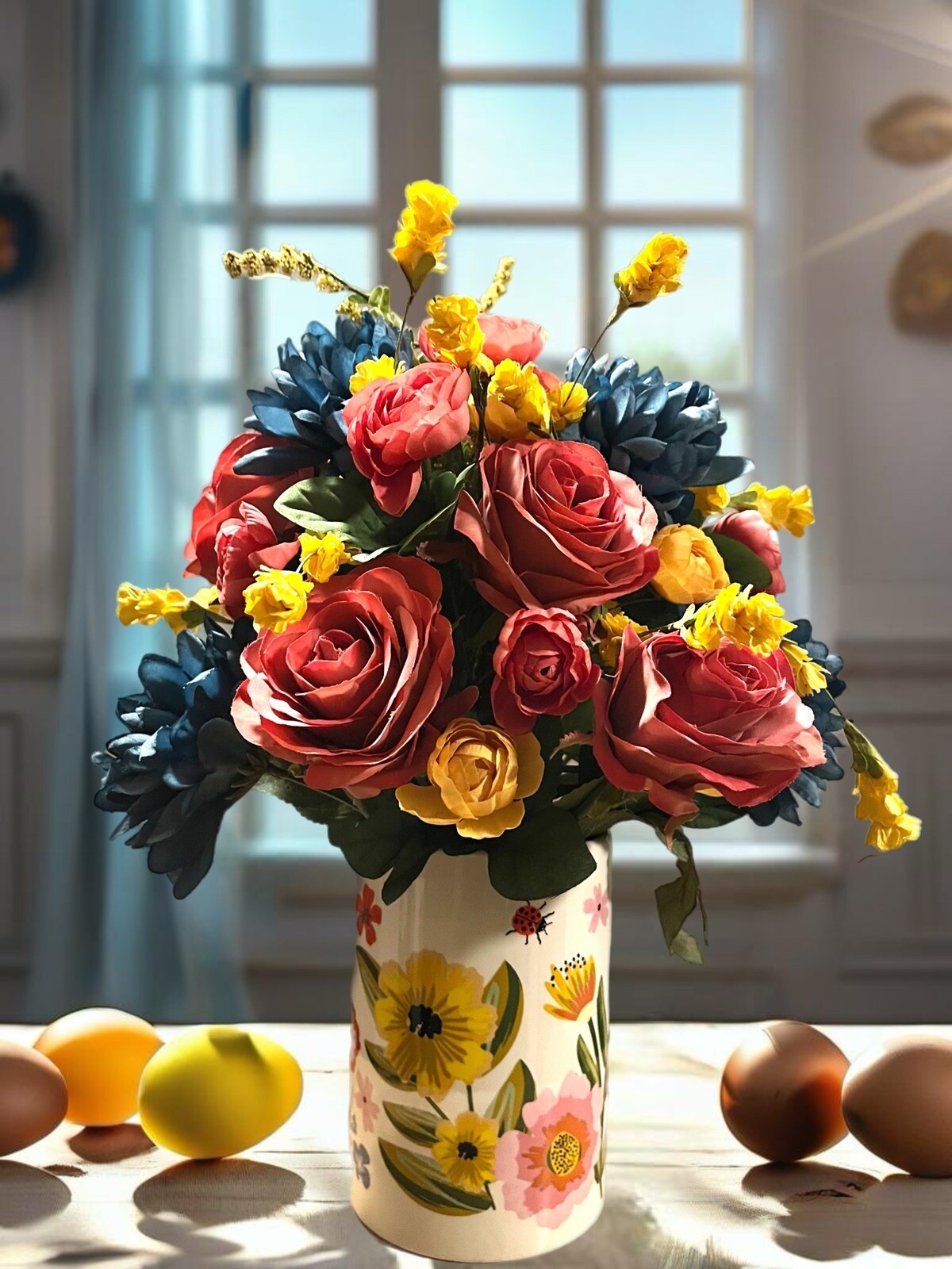 Salmon Pink Rose Blue Floral Arrangement In Floral Vase 15”