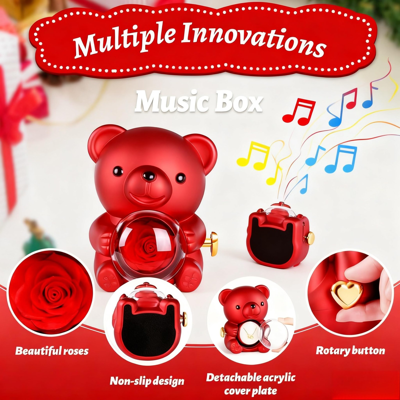 Cute Teddy Bear with Preserved Rose, Double-Heart Necklace, Musical – Serves …