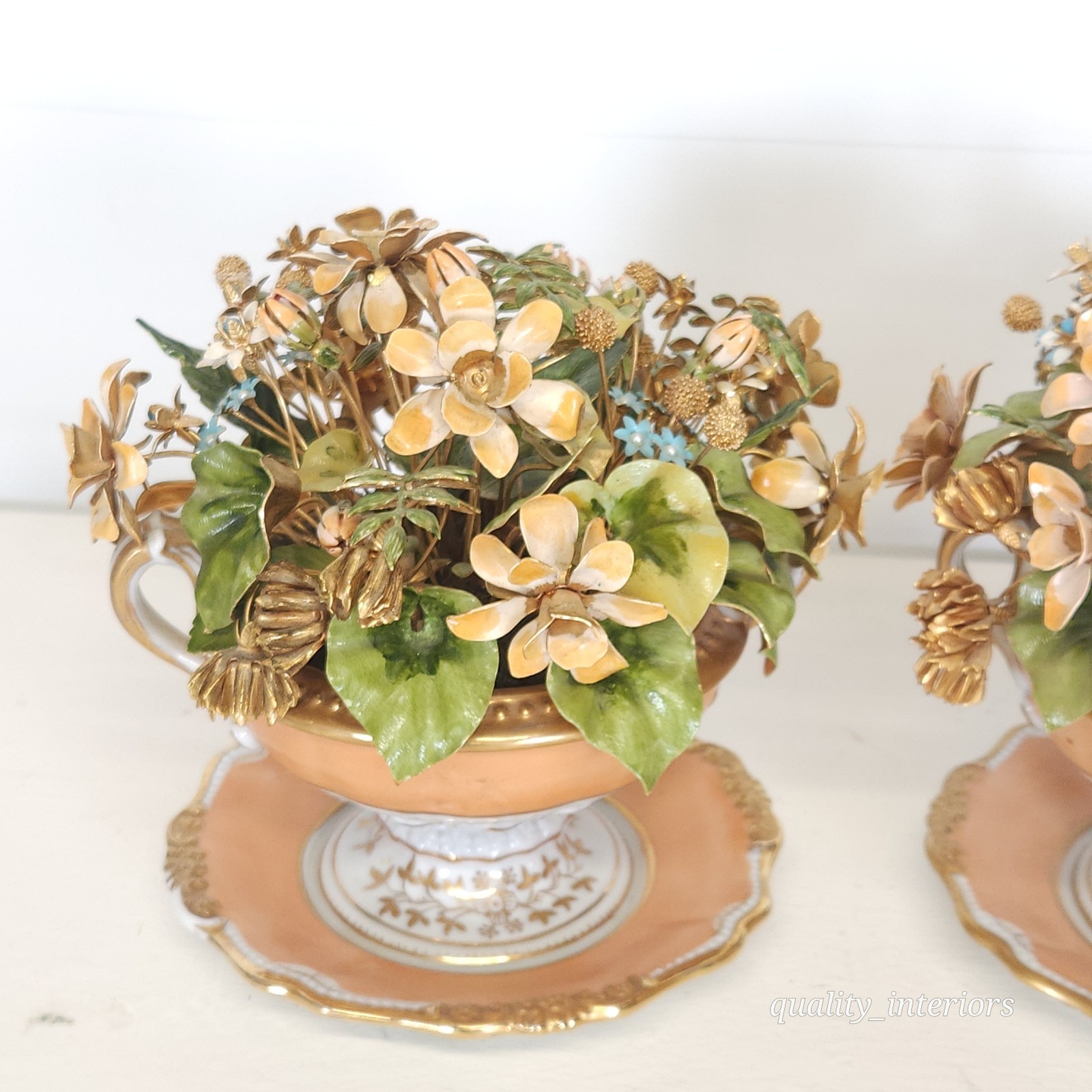 Pair Jane Hutcheson for Gorham Apricot Teacup & Saucer Floral Arrangement