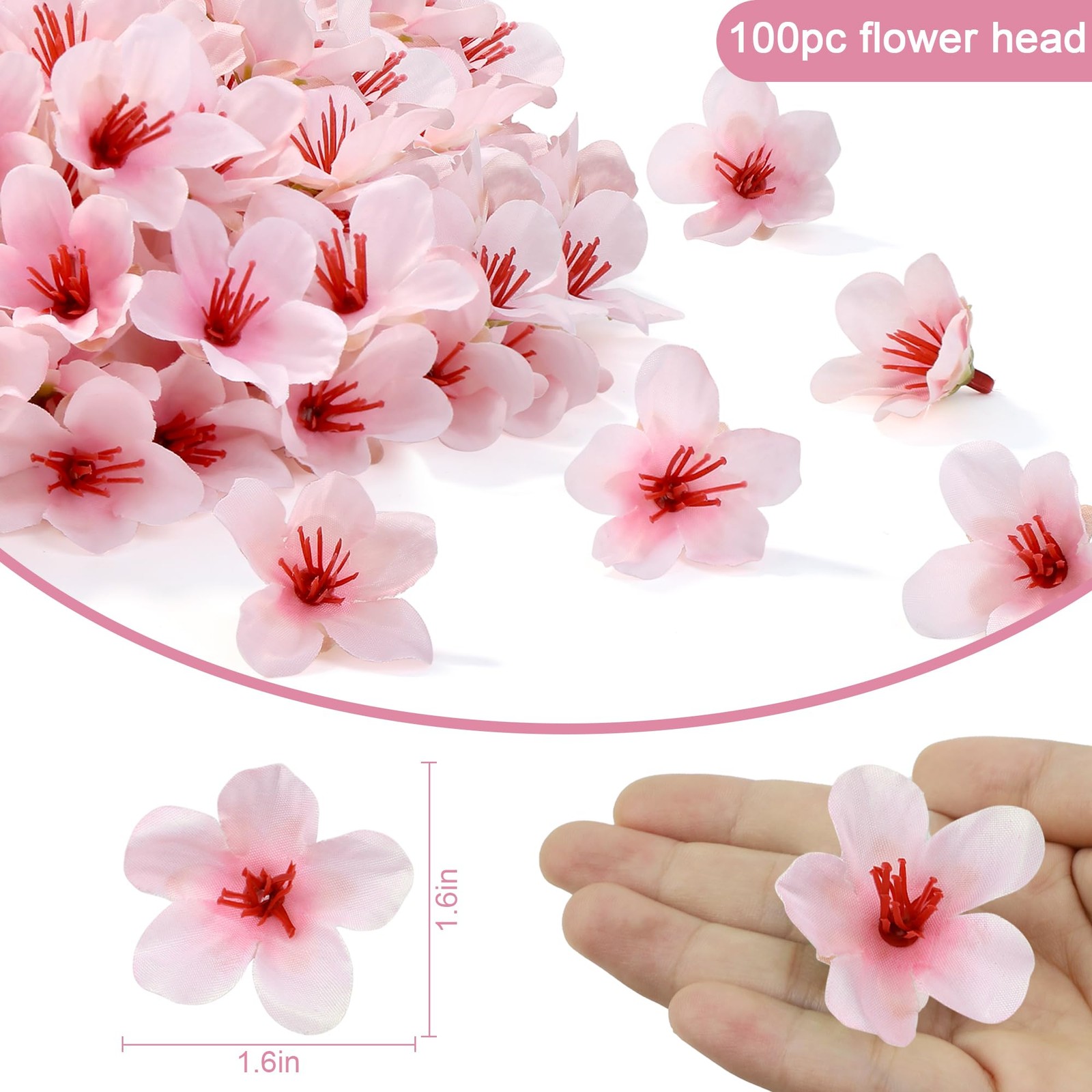 100 PCS Mini Pink Cherry Blossom Heads Artificial Small Fake Flowers 1.6″