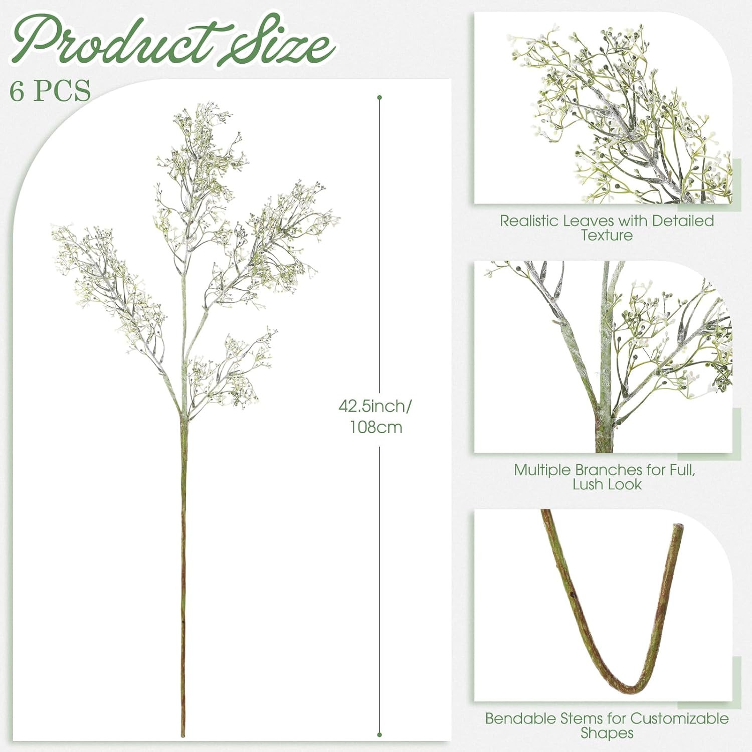 42.5″ Artificial Baby’s Breath Flowers – 6 Pcs Faux Greenery for Decor