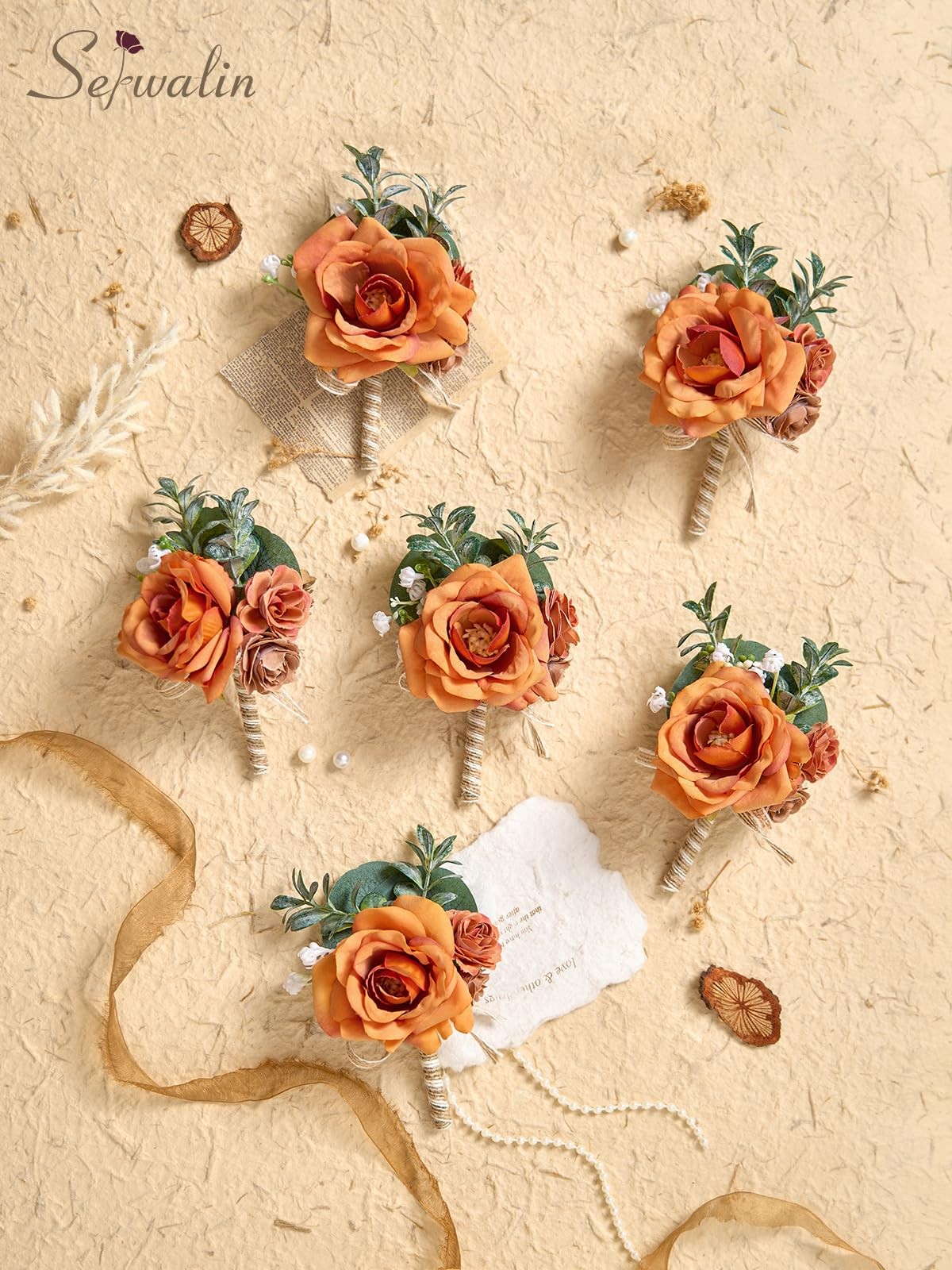 6PCS Orange Rose Boutonniere for Men Wedding Groom Groomsmen Best Man Boutonn…
