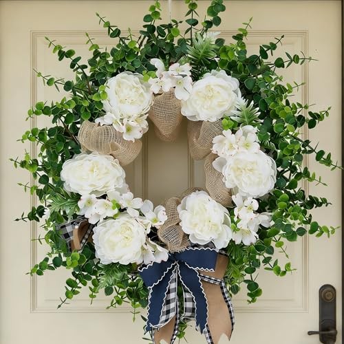 24″ Spring Peony & Eucalyptus Wreath for Front Door – Artificial Flowers White