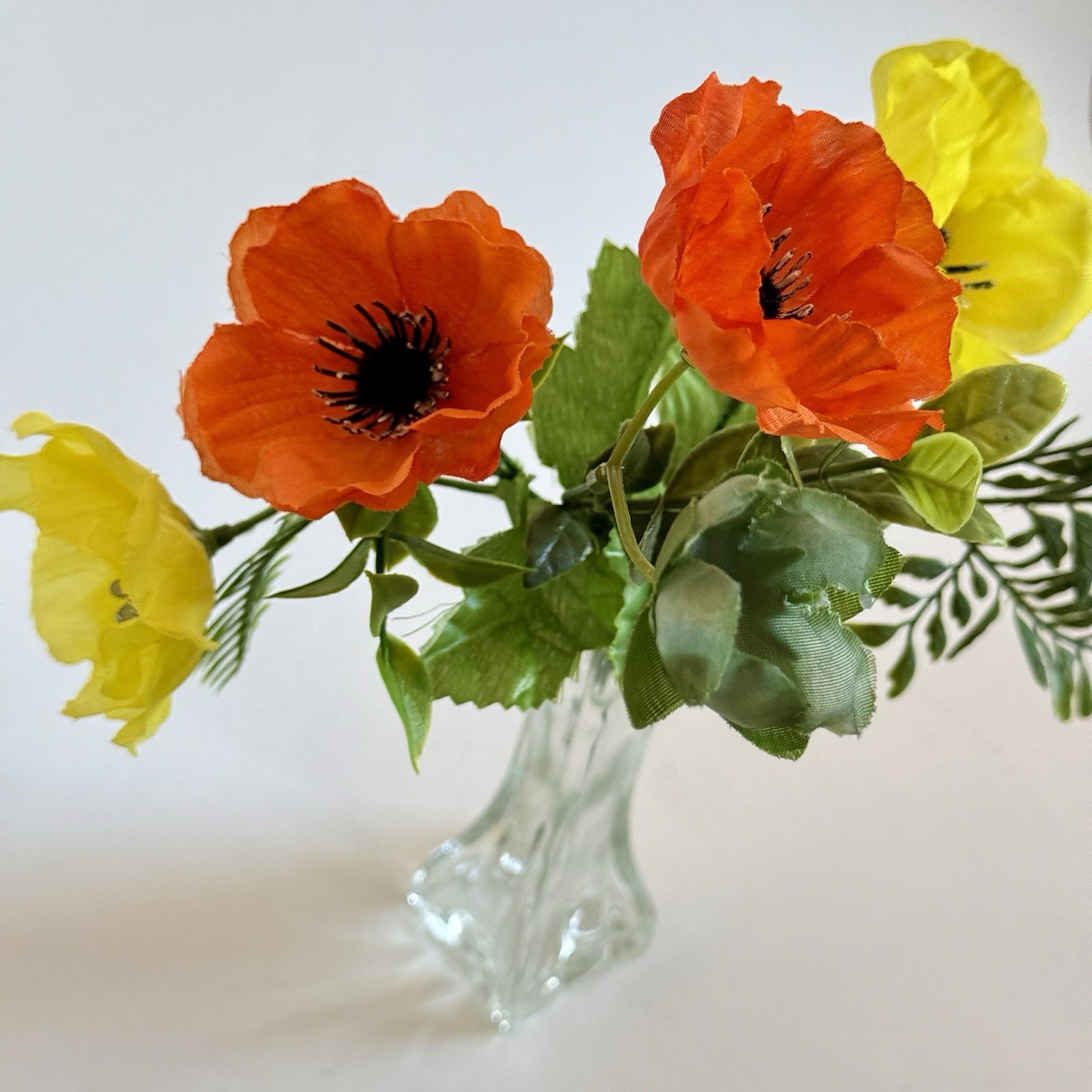 Faux Poppy Arrangement in Glass Bud Vase 10” Tall Red Yellow Floral