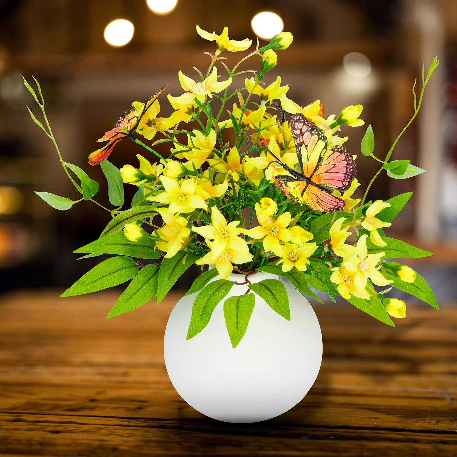 Ivory Freesia Bouquet in Ceramic Vase – No Upkeep Silk Flower Centerpiece
