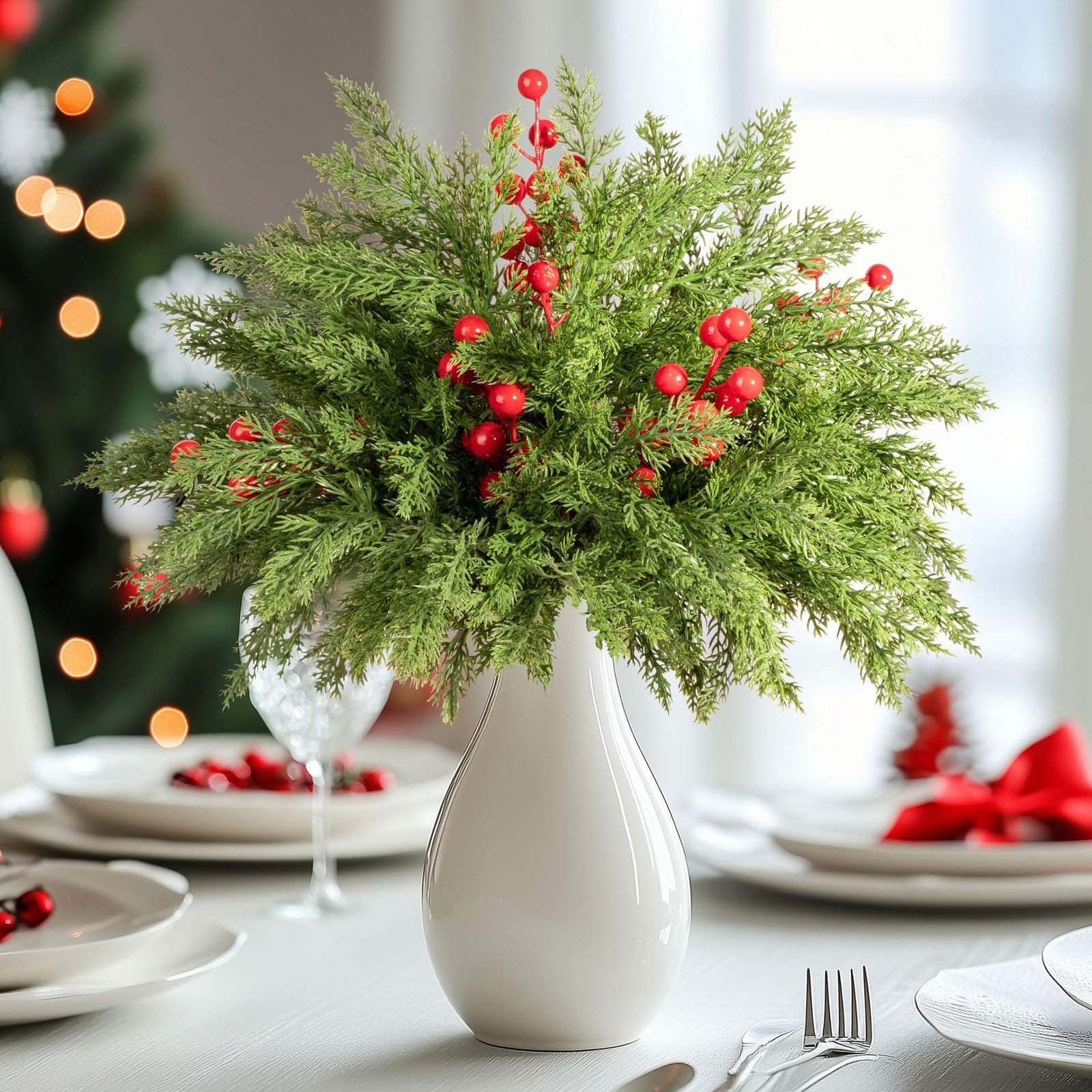 Artificial Christmas Norfolk Pine Stems with red Fruit 6PCS Fake Branches for…