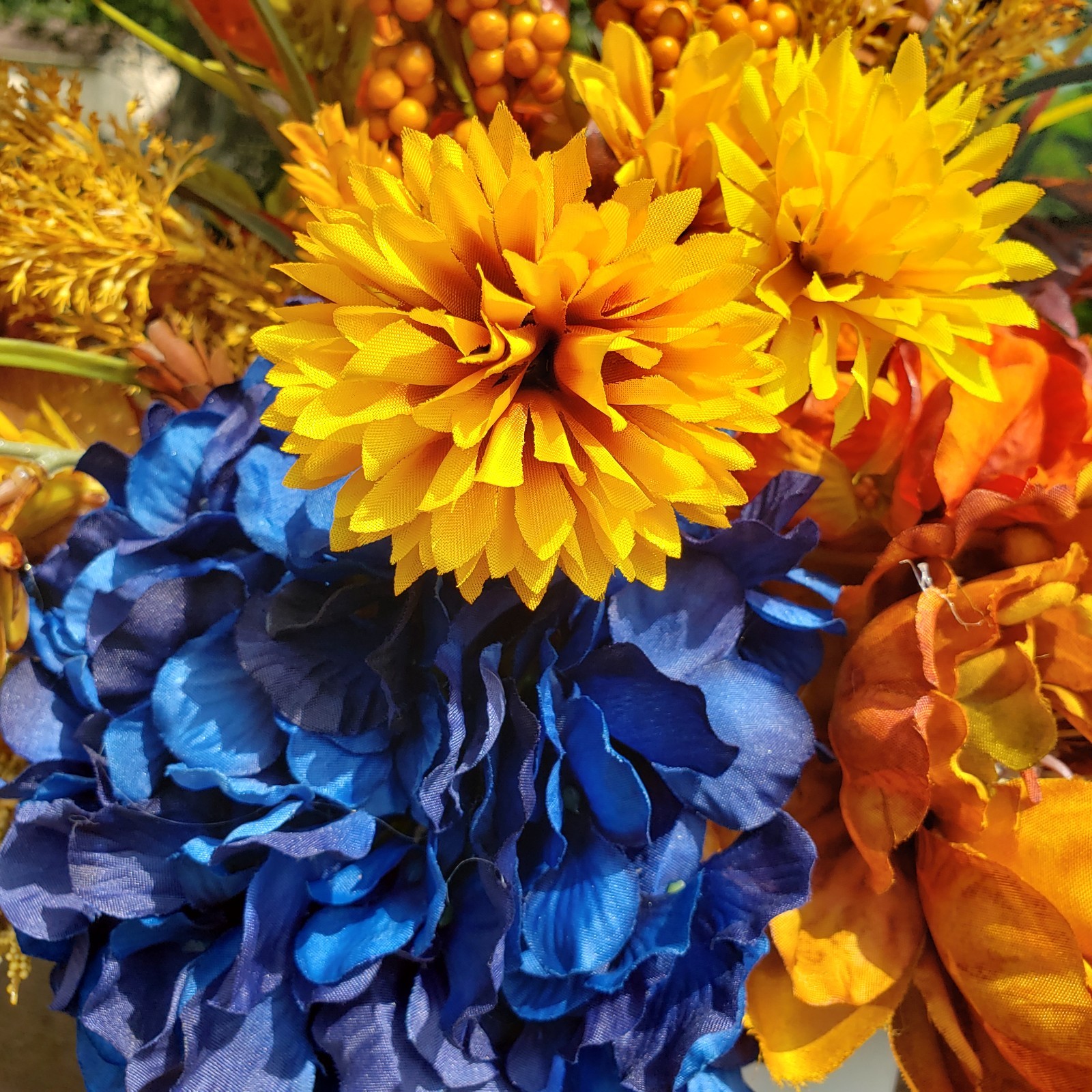 Set of 2 Large Fall Floral Arrangements, Blue Hydrangea Autumn Mantel Decor