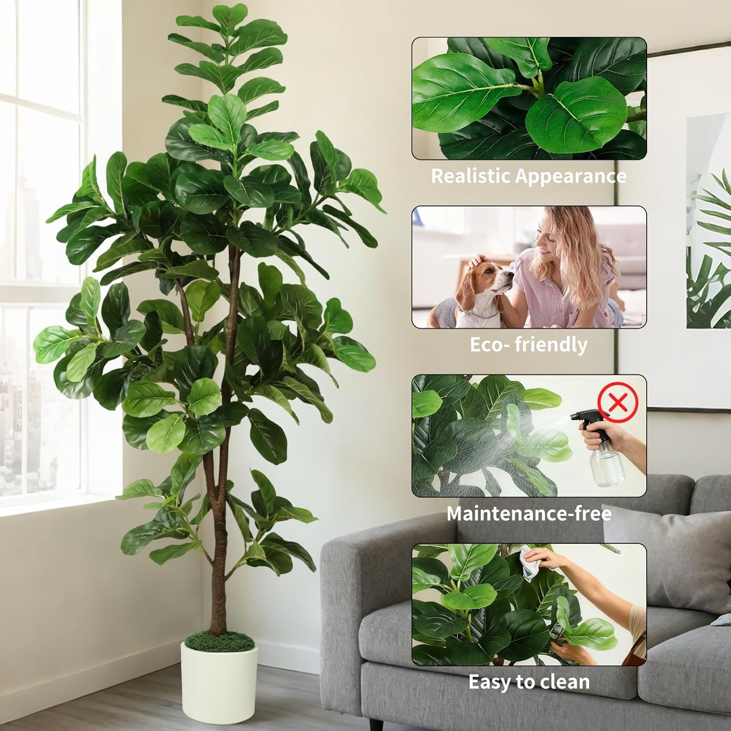 7FT Artificial Fiddle Leaf Fig Tree with White Planter & Fake Moss Realistic