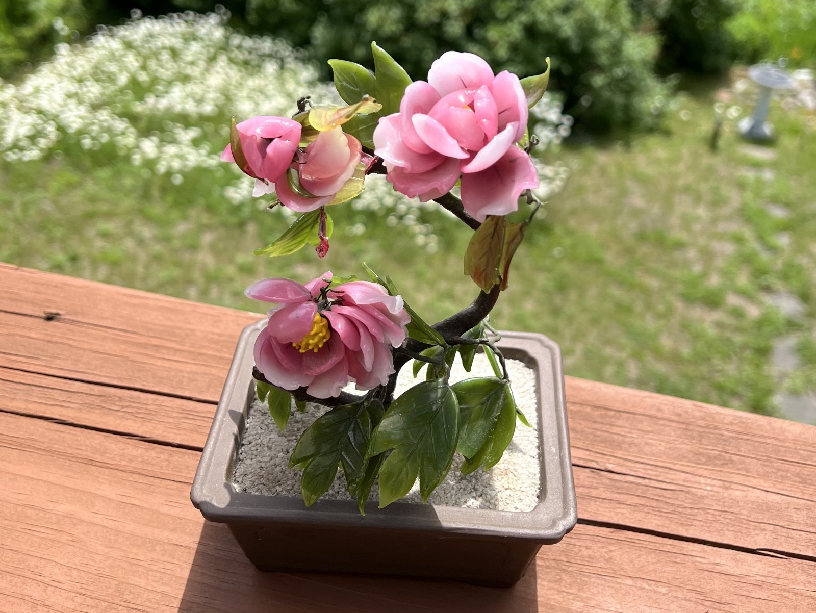 Vintage 8” Shohin Bonsai Glass Peony Tokoname Artist Signed Terra Cotta Pot