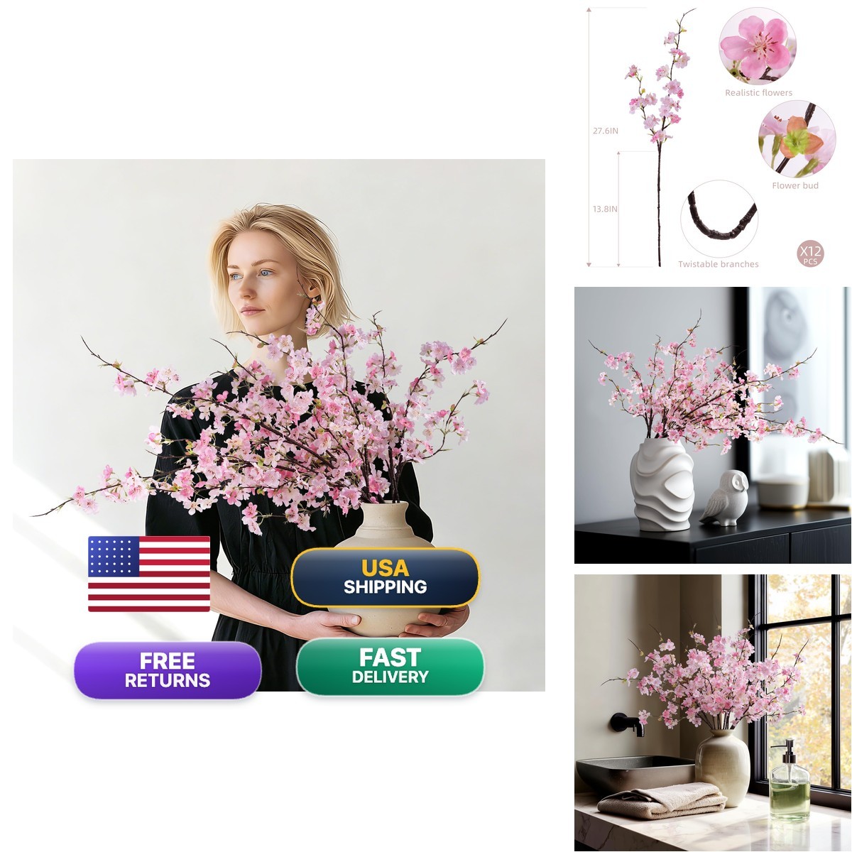 ENALGRE Artificial Cherry Blossom Branches 27.6In Silk Cherry Blossom Branches